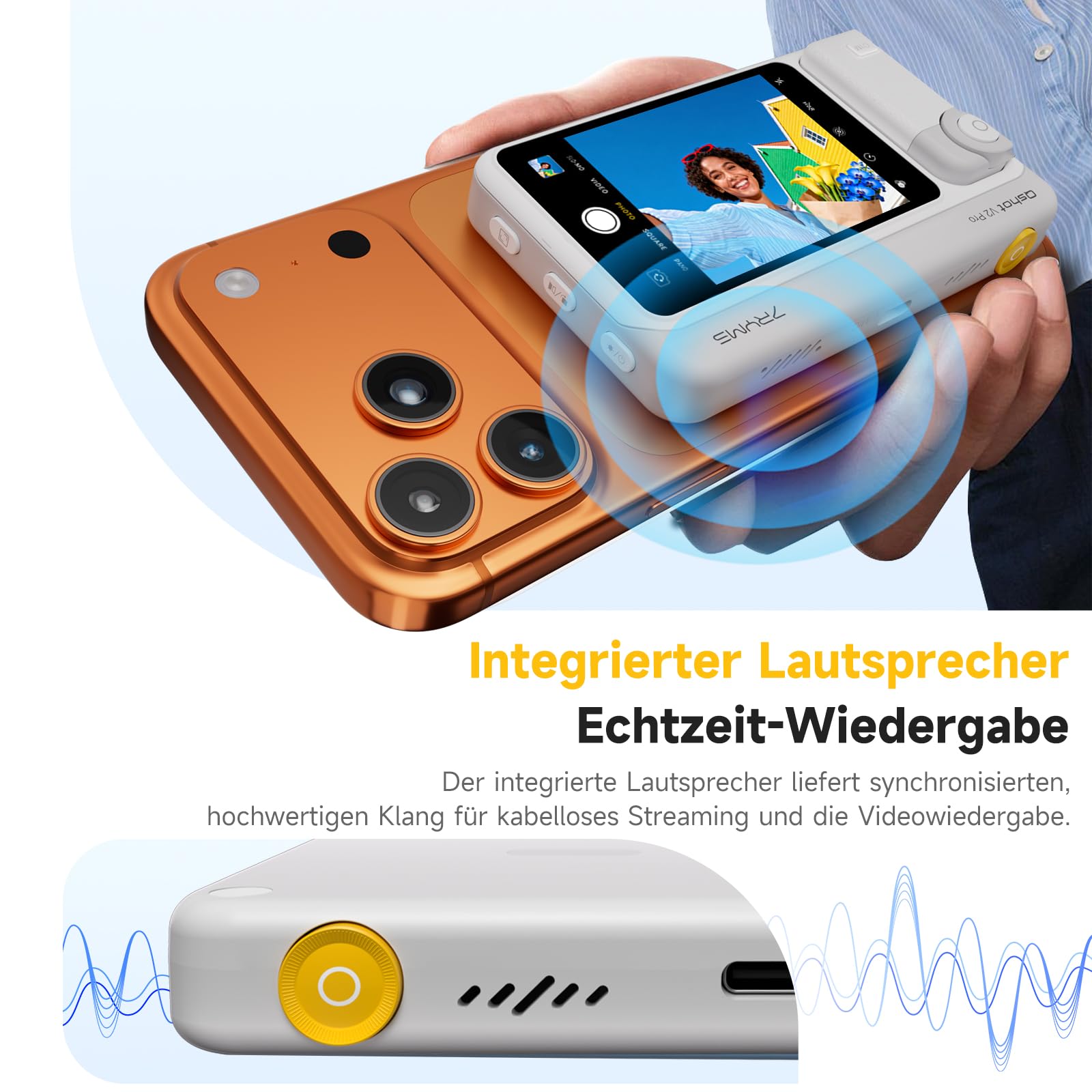 7RYMS Qshot V2 PRO Kabelloser Selfie Monitor für iPhone 17/16 & Android, Magnetischer Smartphone Rückkamera Monitors mit 4K/60fps, 50 m Reichweite, Lautsprecher, Vlog Monitor für YouTube TikTok (Weiß)