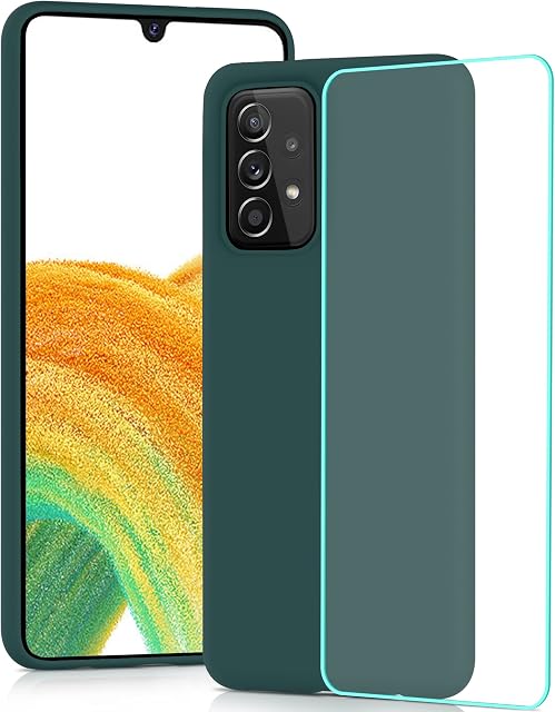 YATWIN Silicone Case for Samsung Galaxy A33 5G with Screen Protector, Soft-Touch, Shockproof, DustProof, Antiskid Full Body Armour Phone Cover for Samsung Galaxy A33 5G - Dark Green
