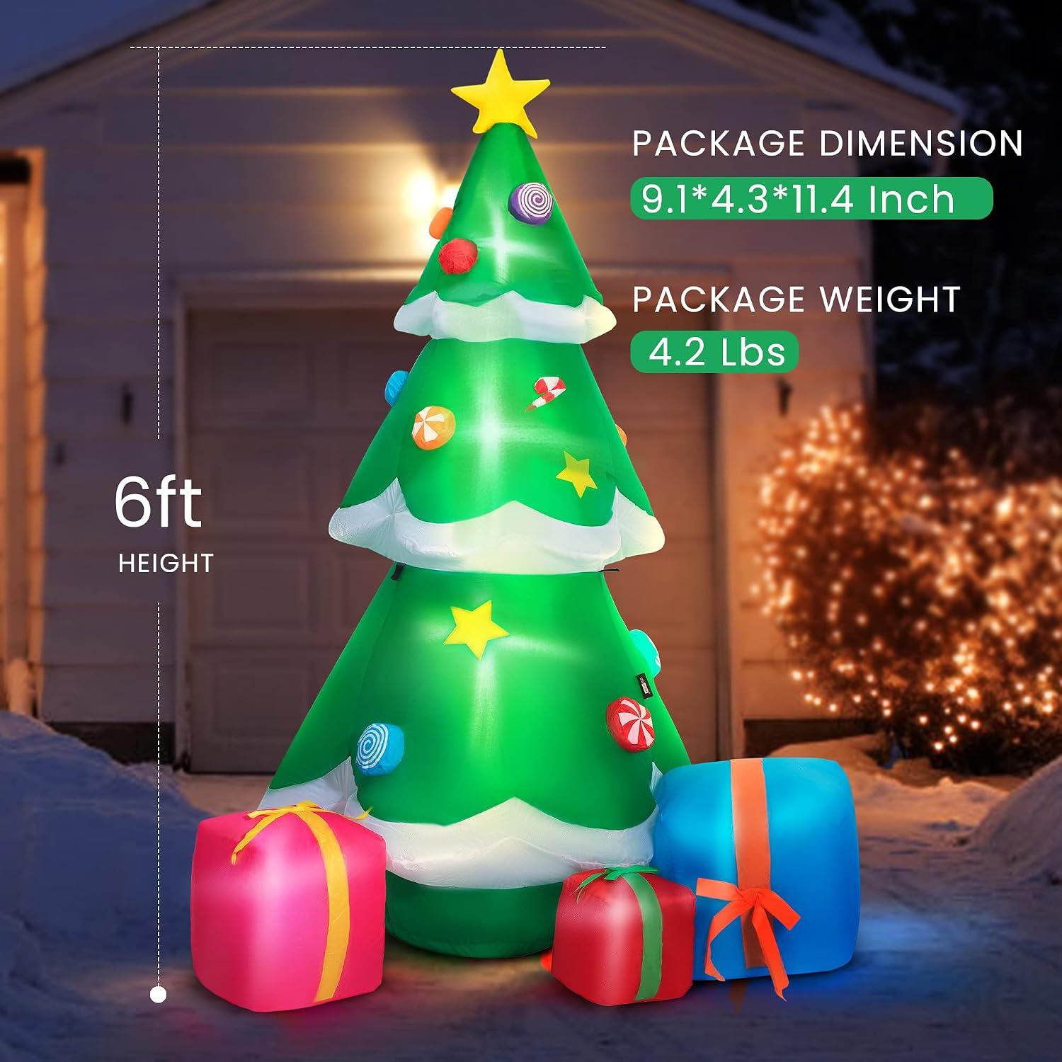 VIVOHOME 6ft Height Inflatable LED Lighted Christmas Tree with 3 Gift Boxes Candy Cane Stars and Ornaments