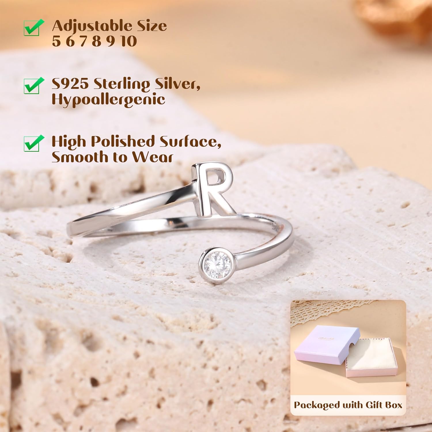 MILACOLATO 925 Sterling Silver Initial Rings for Women Teen Girl 18K White Gold Plated Letter Rings Adjustable Capital Letter Ring Stackable Thumb Pinky Rings for Mothers Birthday Valentine's Day Gifts Jewelry - Image 5