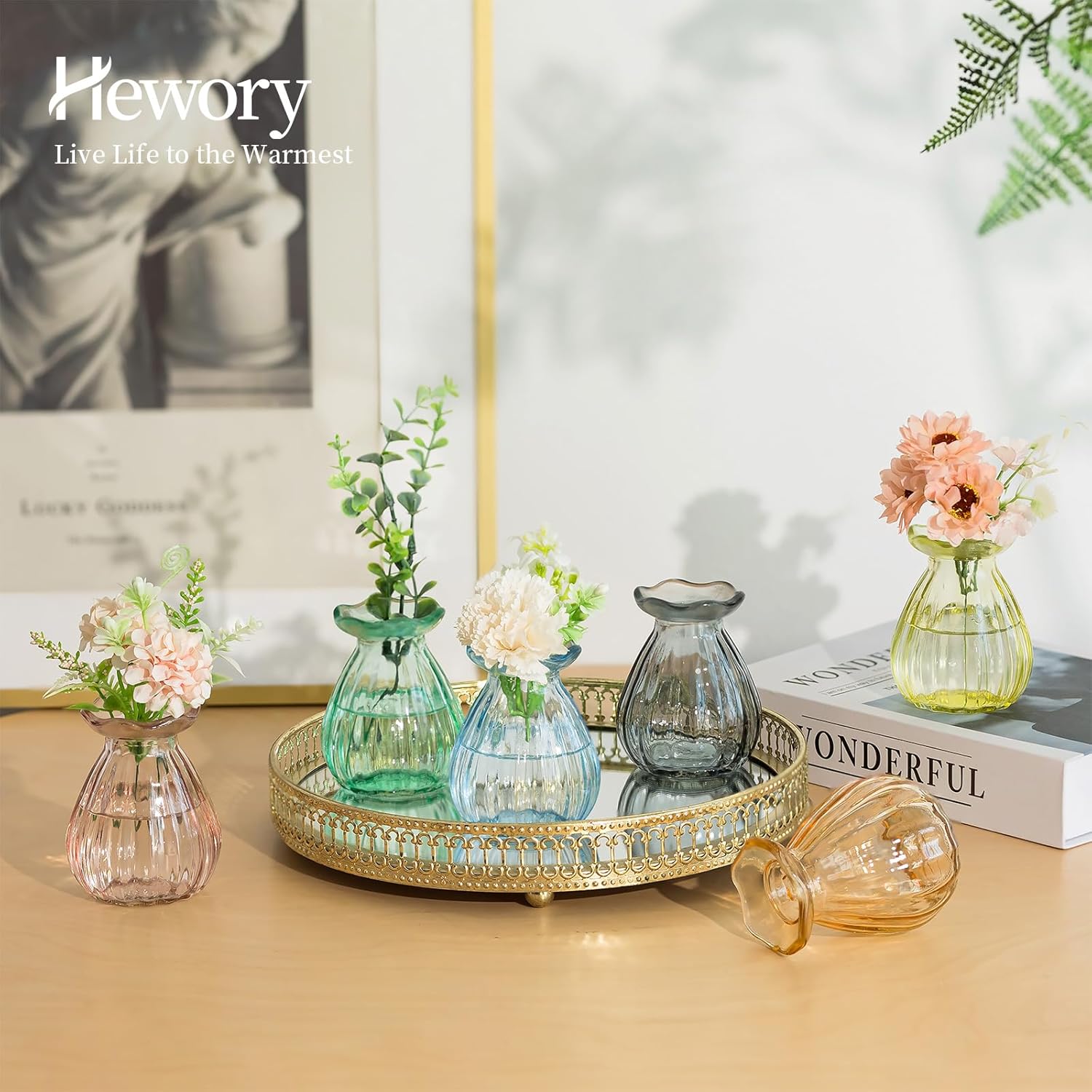 Hewory Small Bud Vases for centerpieces: 12 Pcs Glass Colored Vase for Flowers - Mini Ribbed Vases for Wedding Baby Bridal Shower Events Decorations - Image 3