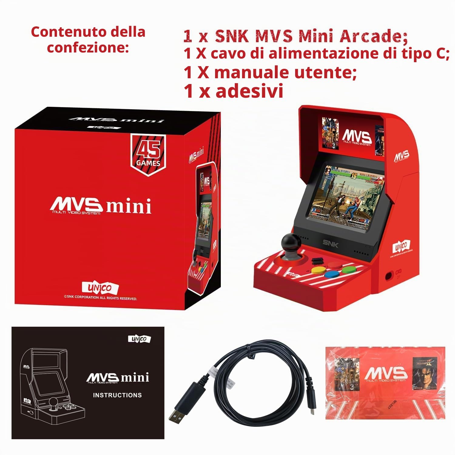 UNICO MVS Mini Arcade, 45 Gmeas Classici con Licenza SNK, Tra cui The King of Fighters, Metal SLUG ecc., Supporta Uscita HDMI per Schermo Grande / 2 Porte per Gamepad / Regali per Adulti e Bambini
