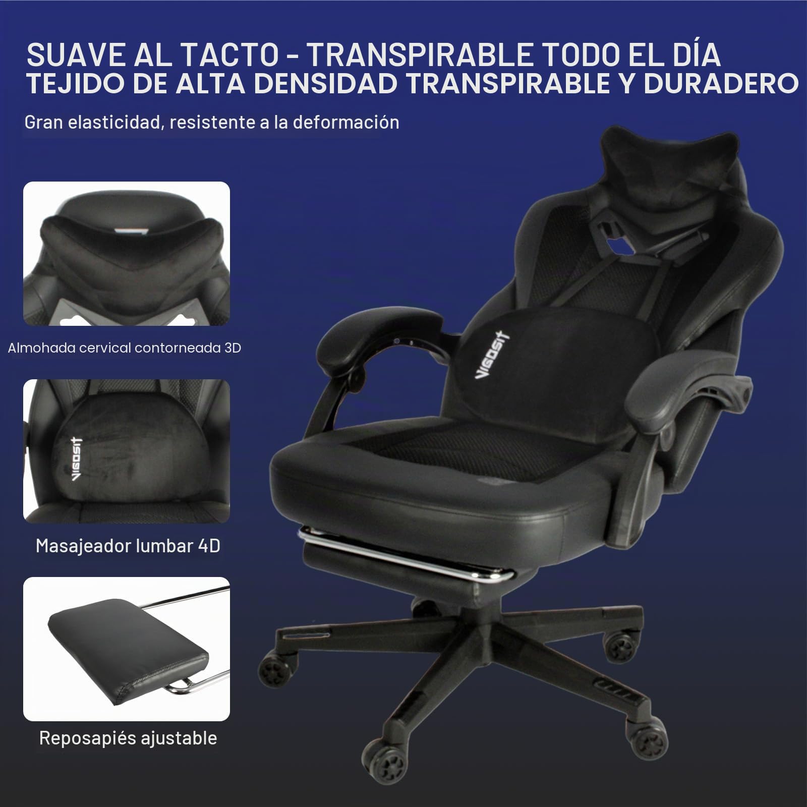 Vigosit Silla de Gaming Pro con reposapiés, de PC de Malla con función de Masaje, Silla ergonómica reclinable para Gamer Ordenador, 150 kg, Grande y Alta de Oficina, Color Negro