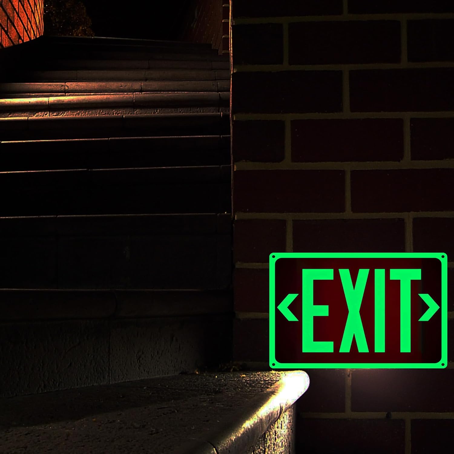 2Pack Photoluminescent Exit Sign Aluminum - 14x10 Inches Glow In Dark Exit Sign with Adhesive Backing - Removable Arrows Included - Non Electrical Red Exit Light For 50 Feet Visibility