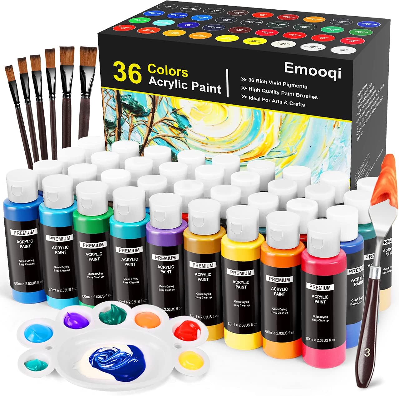 Acrylic Paint Set, 2oz Bottles, Emooqi 36 Pcs Professional & Vivid Painting Supplies Set, with 6 Brushes, Palette, Scraper, Paint for Canvas, Wood, and Stones, for Artists, Students and Kids. : Arts, Crafts & Sewing