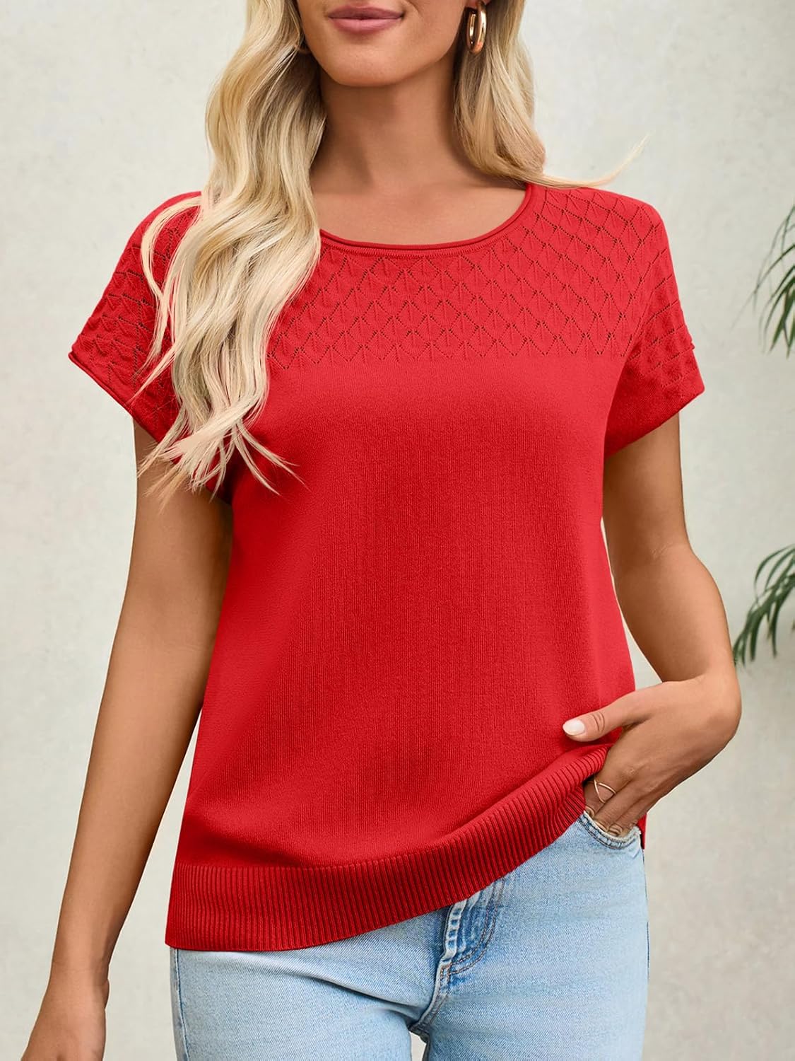 Imily Bela Womens Short Sleeve Sweaters Casual Crewneck Crochet Knit Summer Loose Trendy Pullover Tops - Image 4