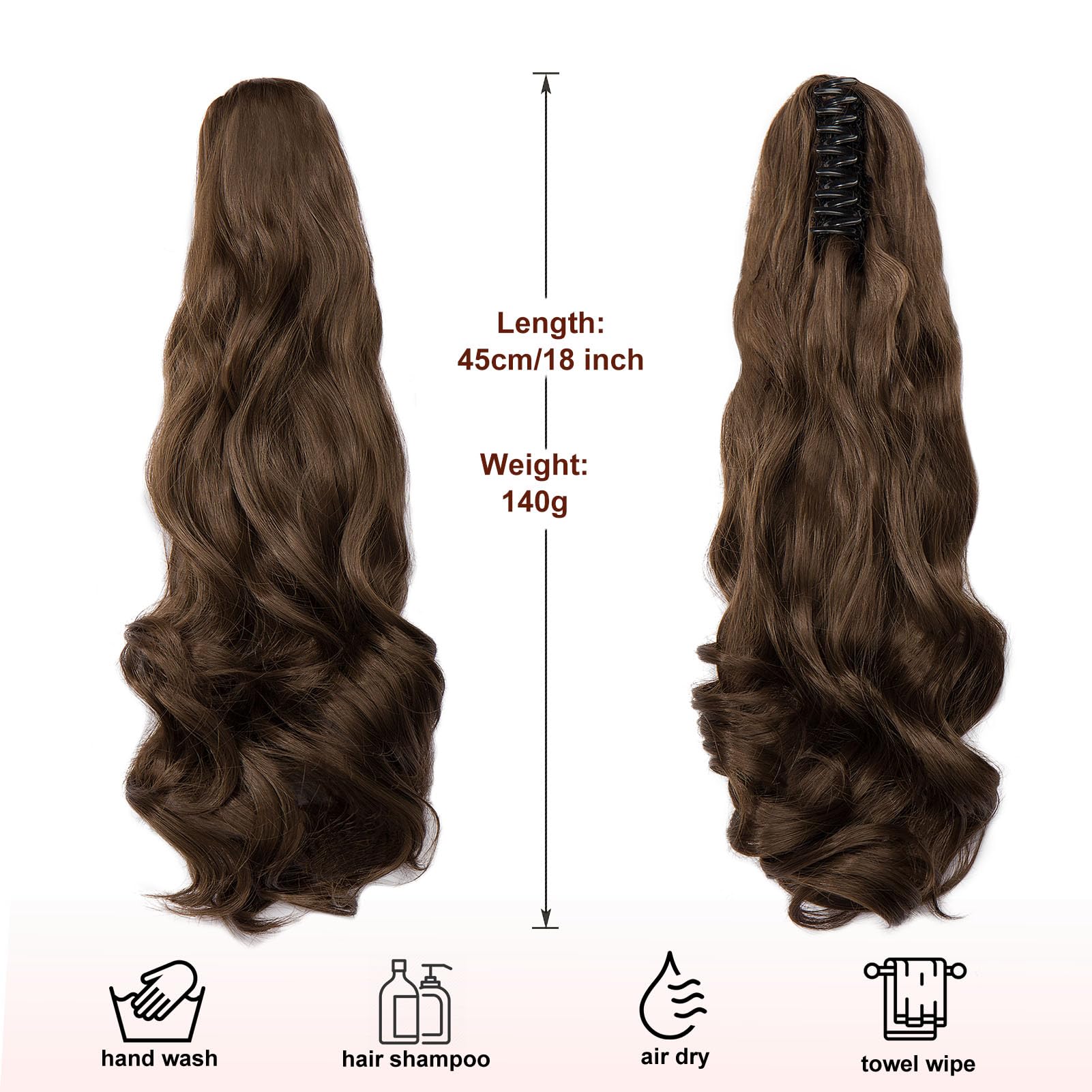 Dcbaboo Ponytail Extension Curly 18inch Claw Clip in Ponytail Hair Extensions Long Wavy Synthetic Pony tails Natural Wave One Piece Hairpiece Fake Ponytail for Women Chestnut Brown - Image 3