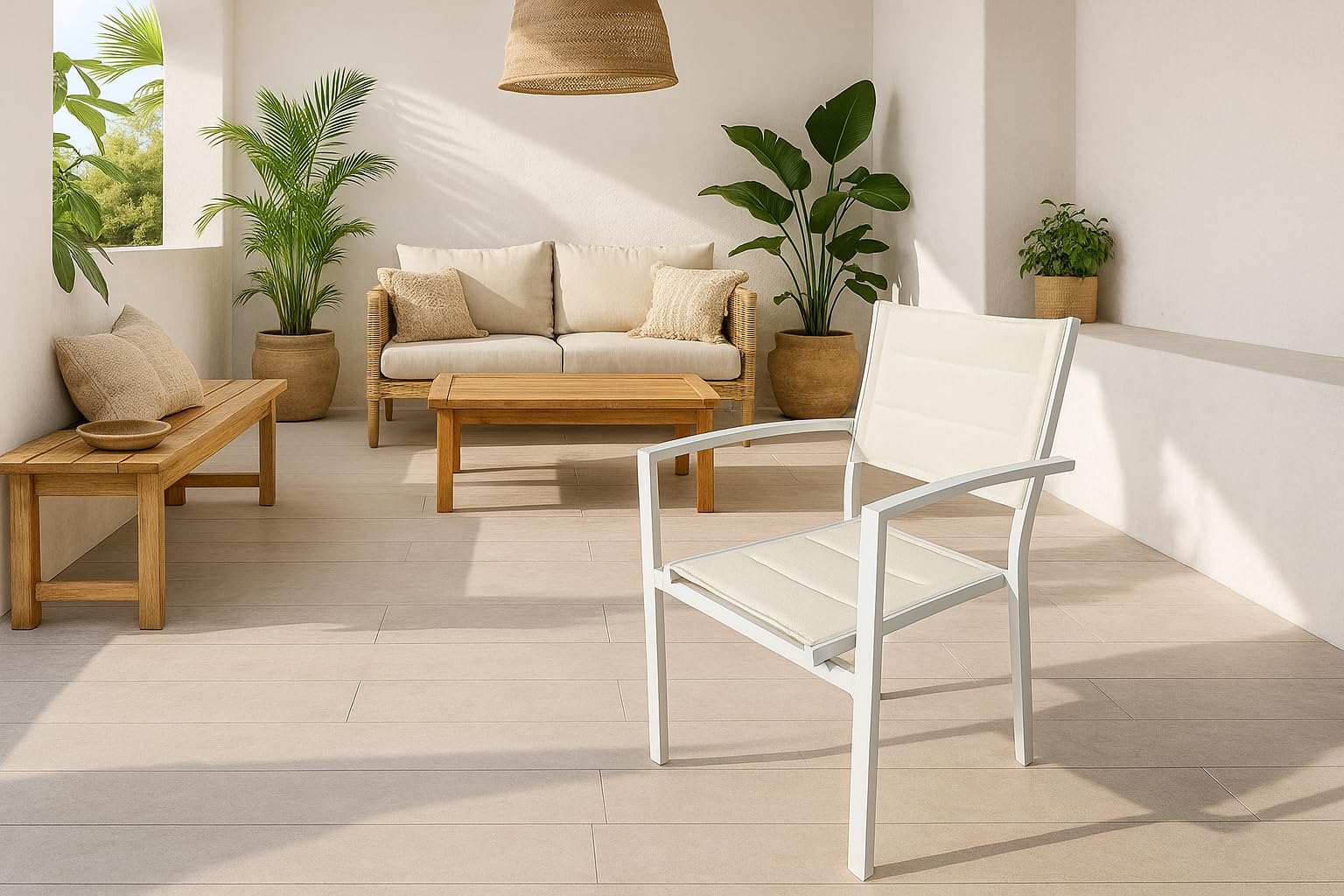 MOMMA HOME Pack 4 Sillas Terraza Exterior - Jardin Acolchadas con Reposabrazos, Material Textiline y Aluminio, Color Blanco, Medidas 87,5 x 56,5 x 57,5 cm
