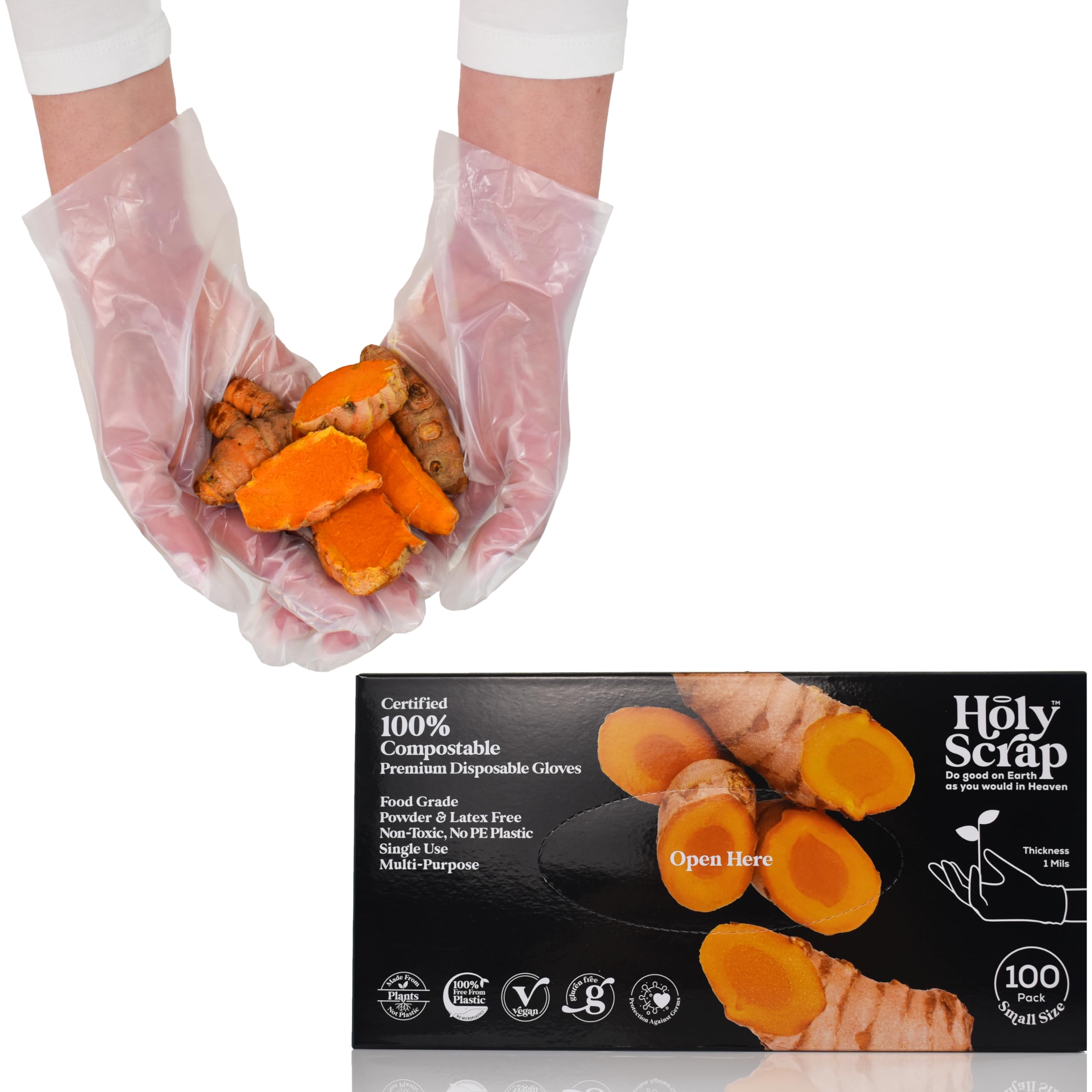 100% Certified Compostable Disposable Gloves S/M/L/XL Powder & Latex Free, Food Grade, Cleaning & Germ Protection