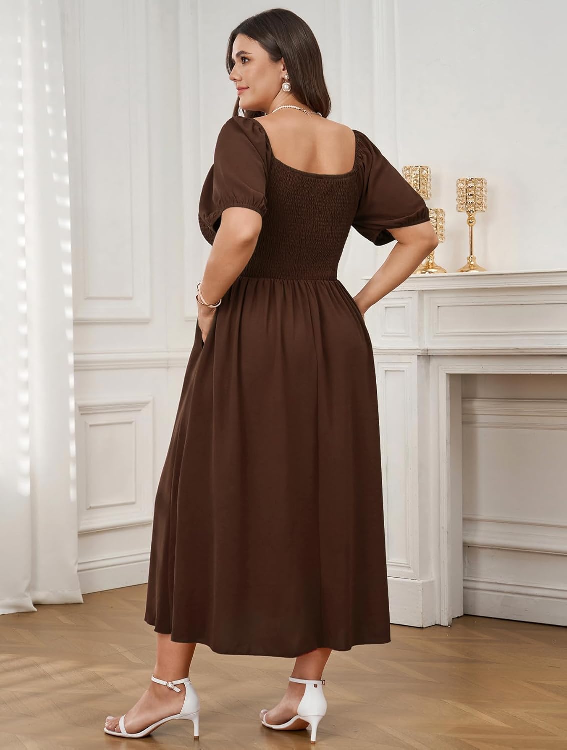 SCOMCHIC Women's Plus Size Cocktail Dress Milkmaid Bow Front Short Sleeve Square Neck Smocked Wedding Guest Maxi Dress - Image 6