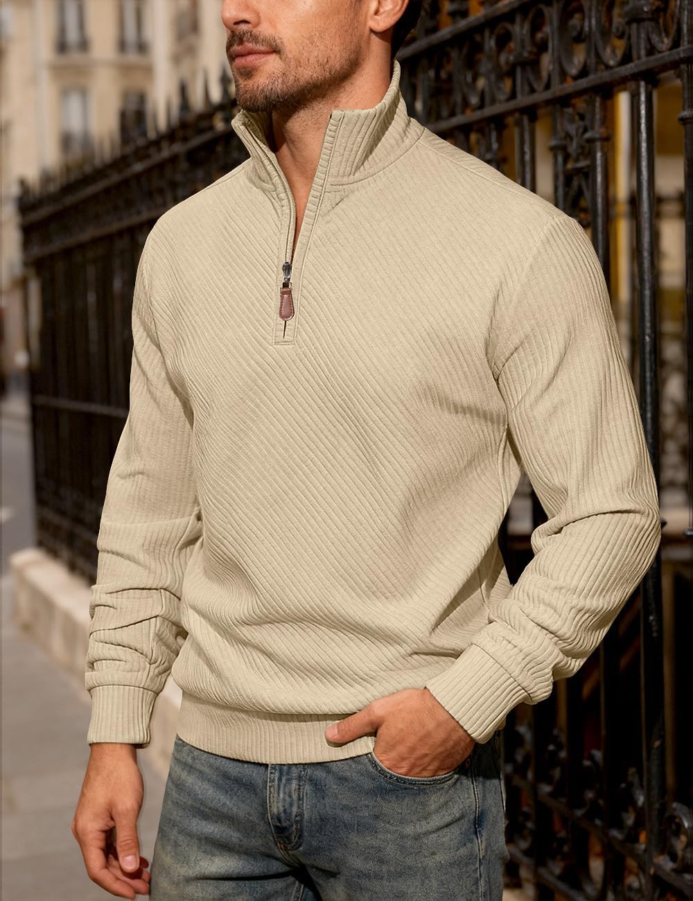 Mens Sweatshirt Pullover Quarter Zipper Sweater Casual Long Sleeve Stand Collar Sweaters