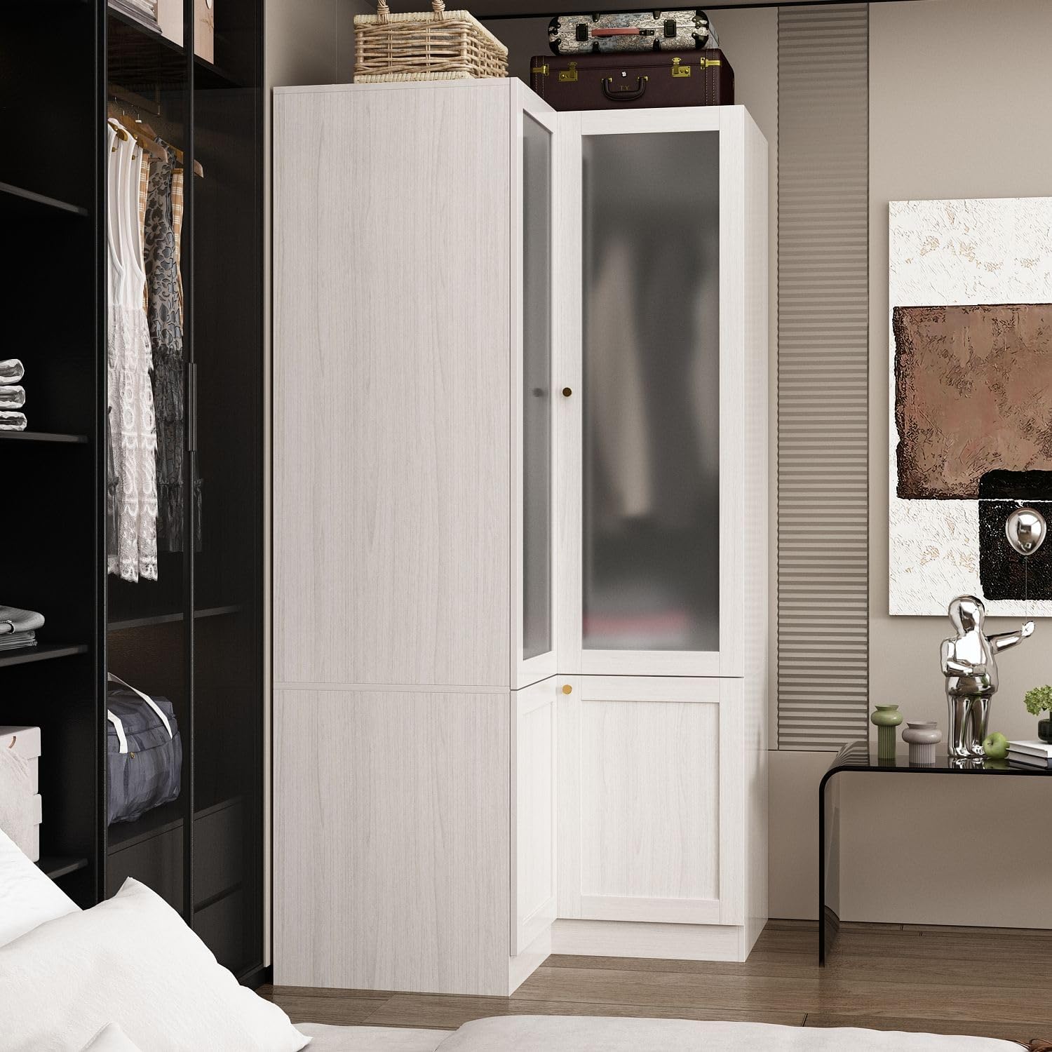 MOUMON 70.9" L-Shaped Corner Wardrobe with Frosted Glass Doors, Armoire Closet with Hanging Rod, Space-Saving, Light Oak 35.4”W x 35.4”D x 70.9”H