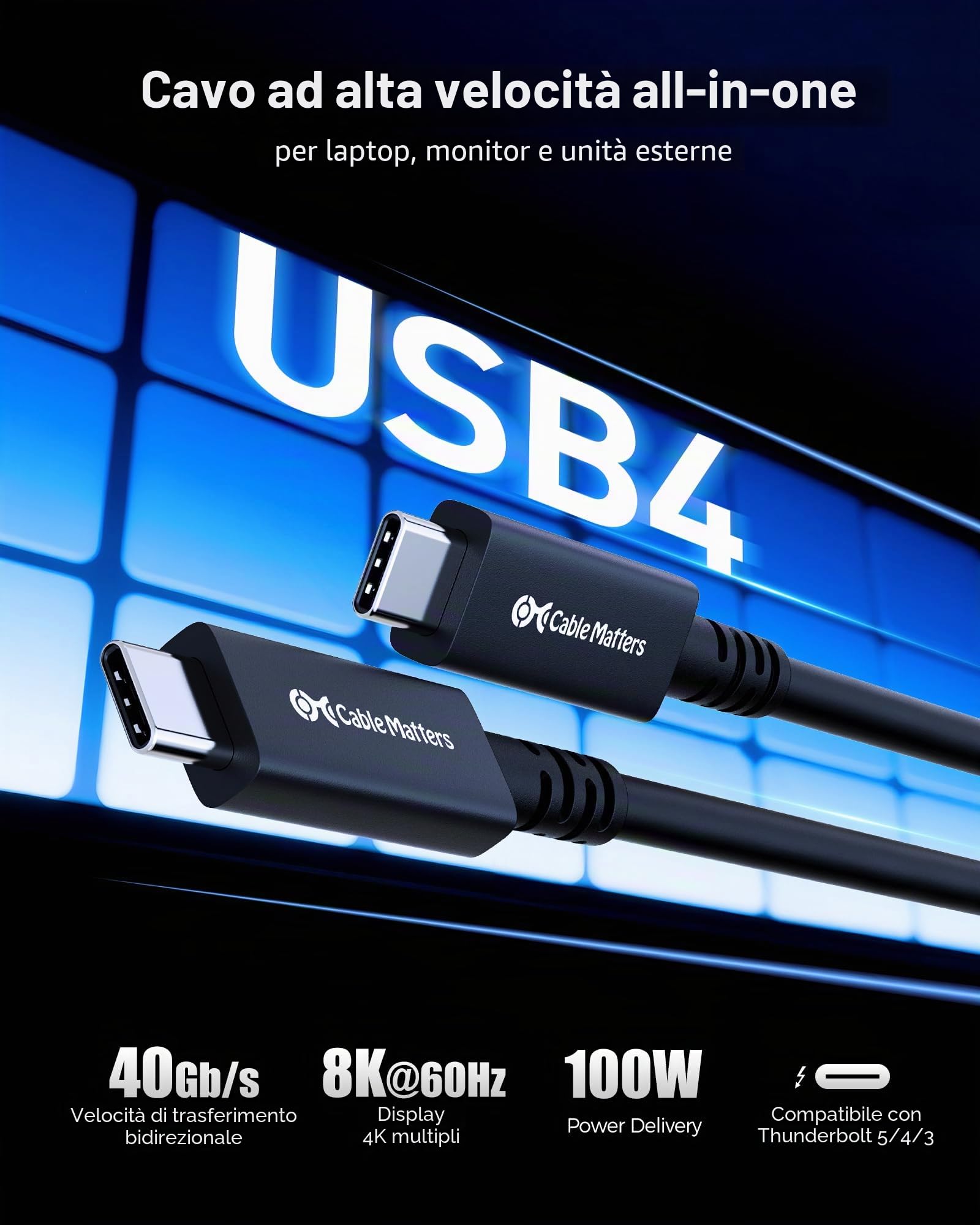 Cable Matters Cavo Thunderbolt 4 attivo 40 Gbit/s, 3 m | Thunderbolt 4/3, USB-C per VR Headset, Dockingstationen, MacBook, Dell XPS, Surface Pro e più