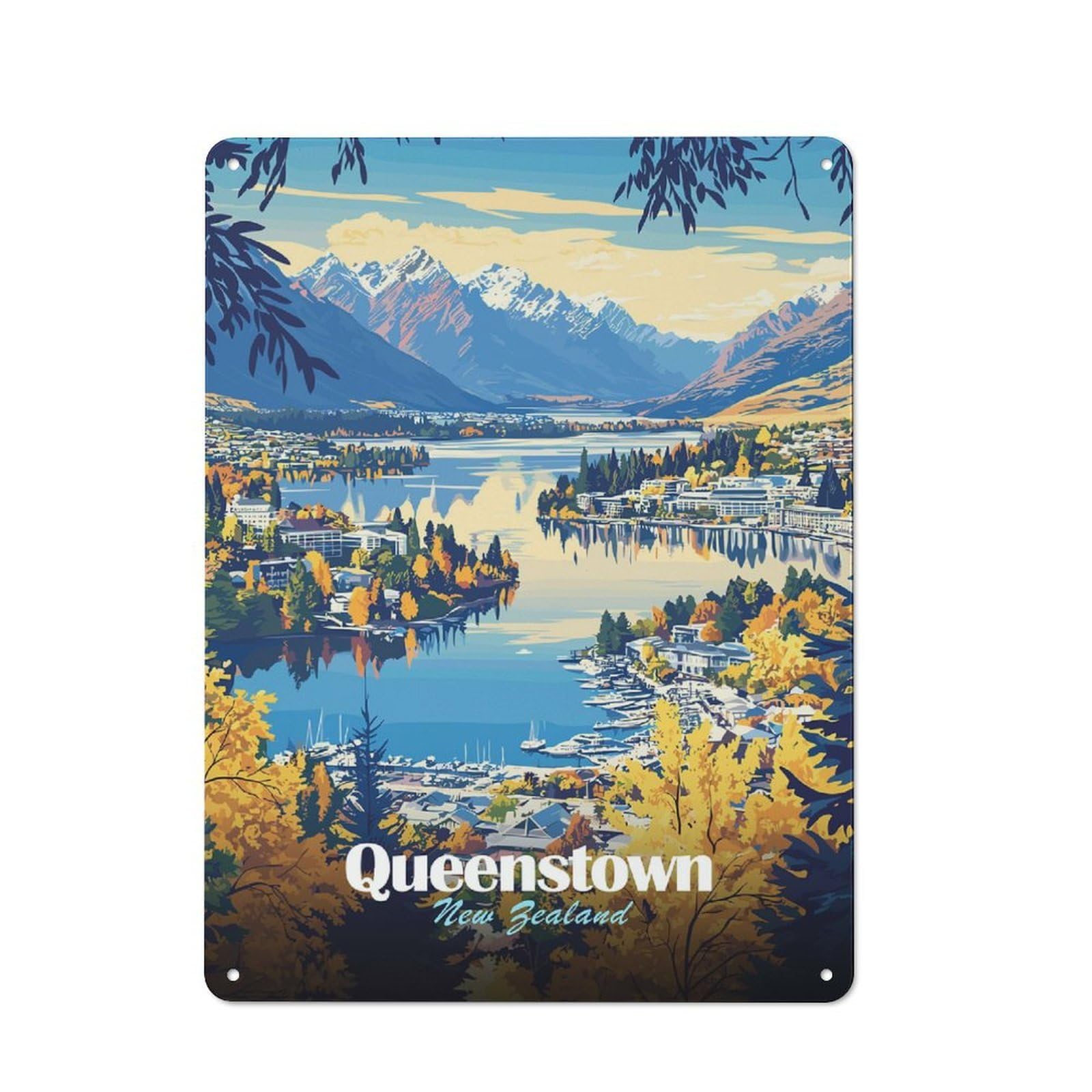 Junmoney Style-11 Queenstown, New Zealand Landscape(2) Decorative Metal Plaque 40X30cm, Shop Front Style Bistro Wall Plaque For Tea Room, Shop Wall Or Breakfast Area