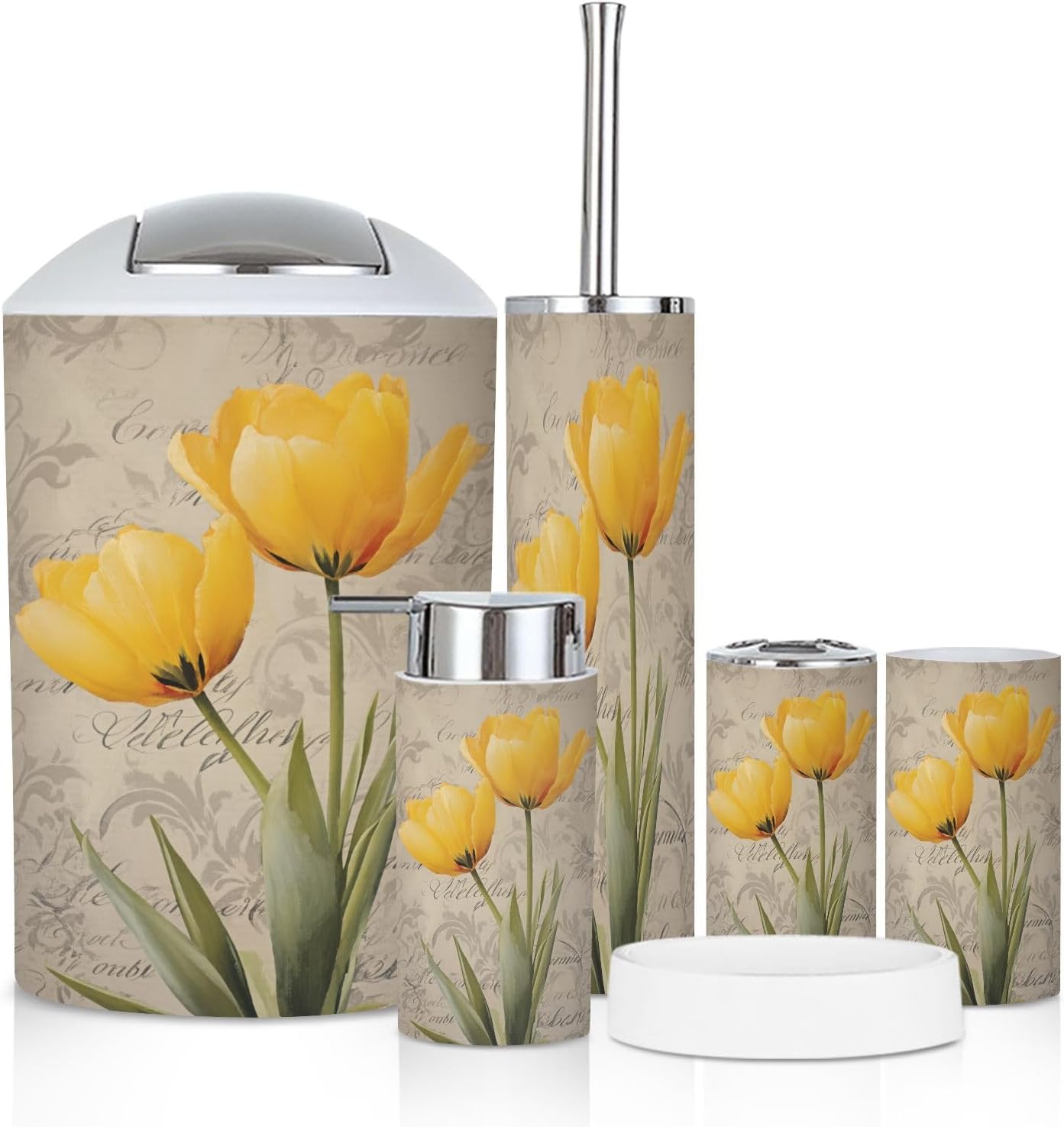 Bathroom Accessory Set 6 Piece Sunflower Yellow Bathroom Decor Flower Bathtub Butterfly Trash can, Toothbrush Holder, Soap Dispenser, Soap Dish, Toothbrush Cup, Toilet Brush Holder