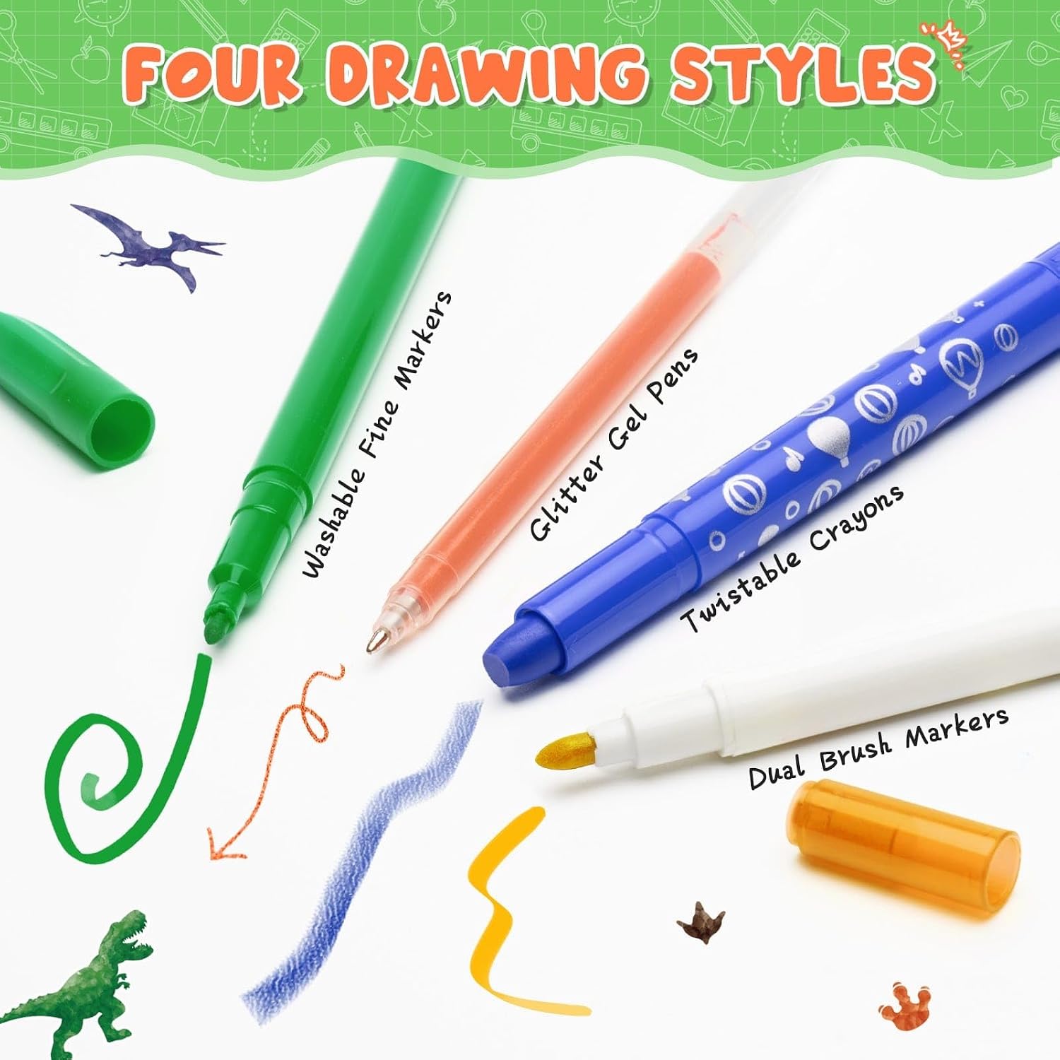 WERNNSAI Dinosaur Marker Set - 56 PCS Scented Markers for Kids with Dinosaur Pencil Case, Stickers and Coloring Papers