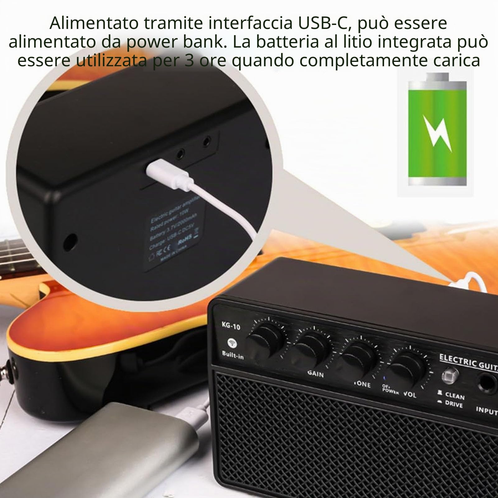 Amplificatore di Chitarra da 10W, Mini Amplificatore per Chitarra, Amplificatore di Chitarra Elettrica Ricaricabile, Amplificatore Piccolo Portatile, per la Pratica Quotidiana
