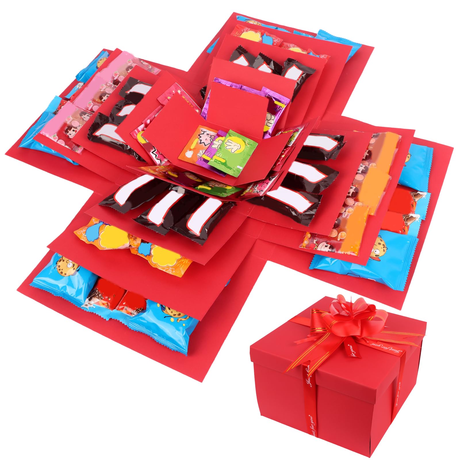 5 Layer Creative Explosion Gift Box, Red Snack Explosion Box with Tape and Ribbon, DIY Explosion Gift Box Surprise Box for Valentine's Day Anniversary Wedding Birthday