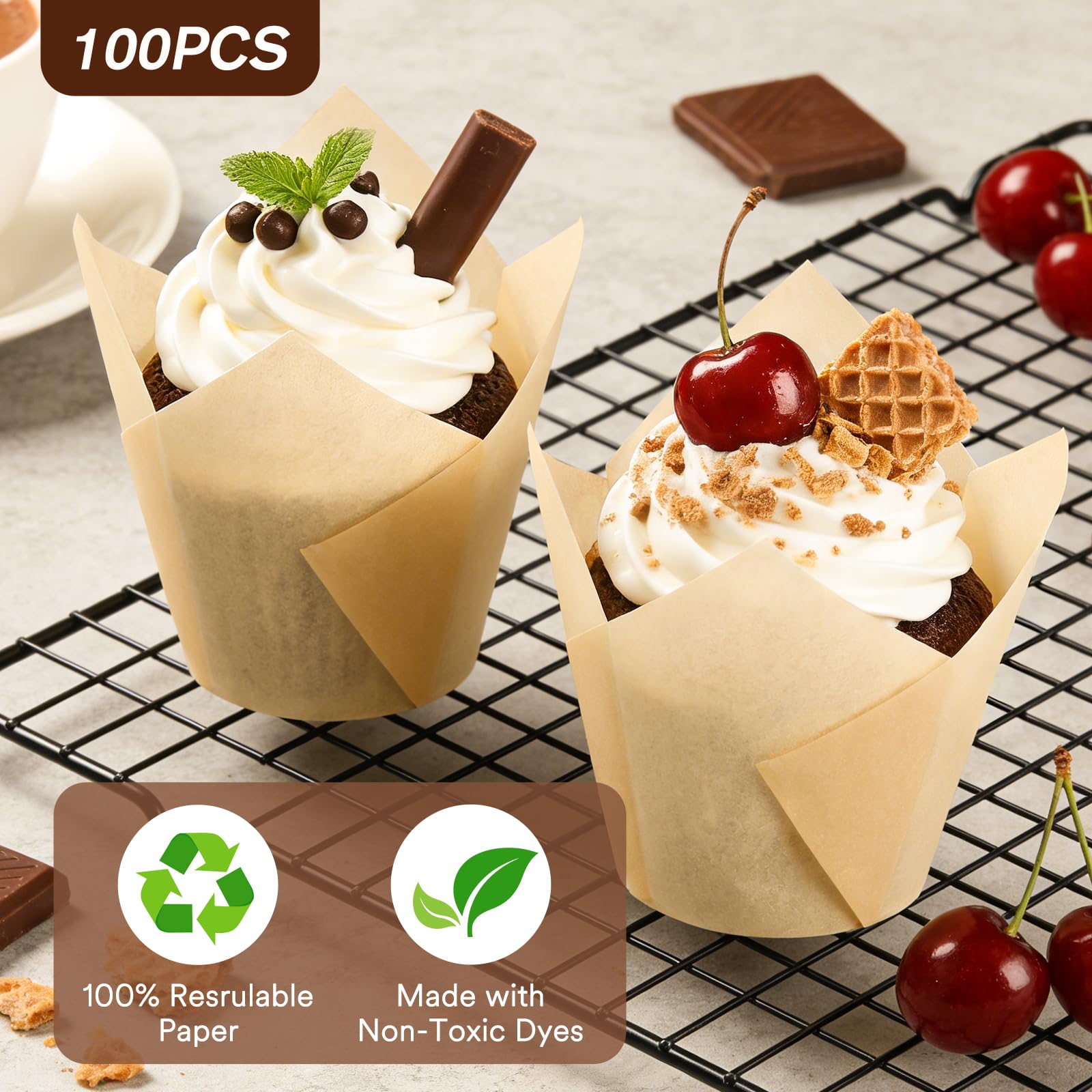 Alyvisun Lot de 100 Caissettes Muffins Papier Anti-Graisse, Moule Cupcake Non Adhérent pour Pâtisserie