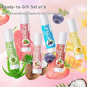 6 Pack Fruit Lip Balm Set - Vitamin E Enriched Moisturizing Lip Care with Natural Honey, Aloe Vera & Coconut Oil, Assorted Flavors for Soft Lips & Perfect Lip Primer