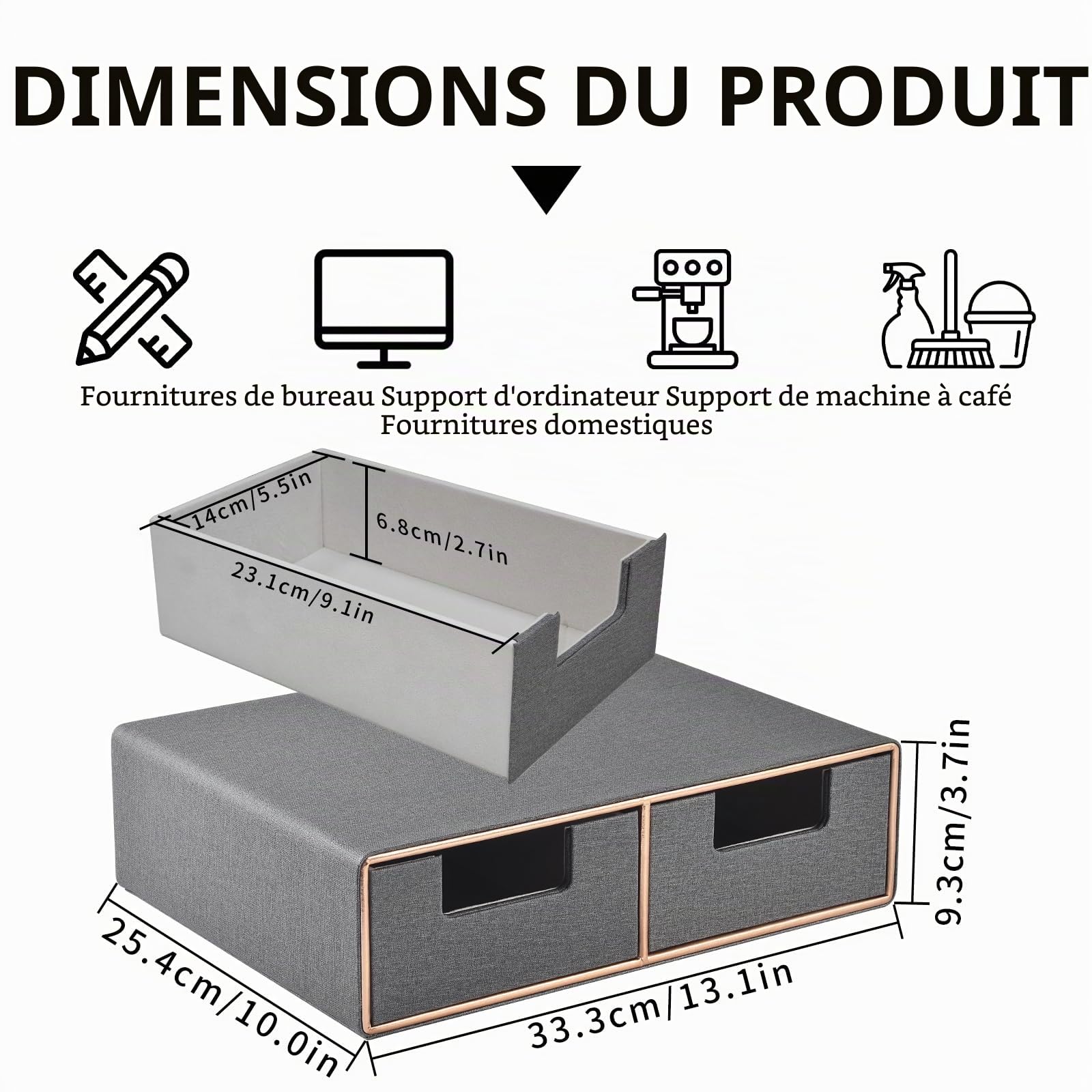Boîte à tiroirs empilable en cuir avec 2 tiroirs fermés à la main pour ranger les dosettes de café, cafetière partie supérieure de l'organiseur de bureau pour bijoux, cosmétiques, gris