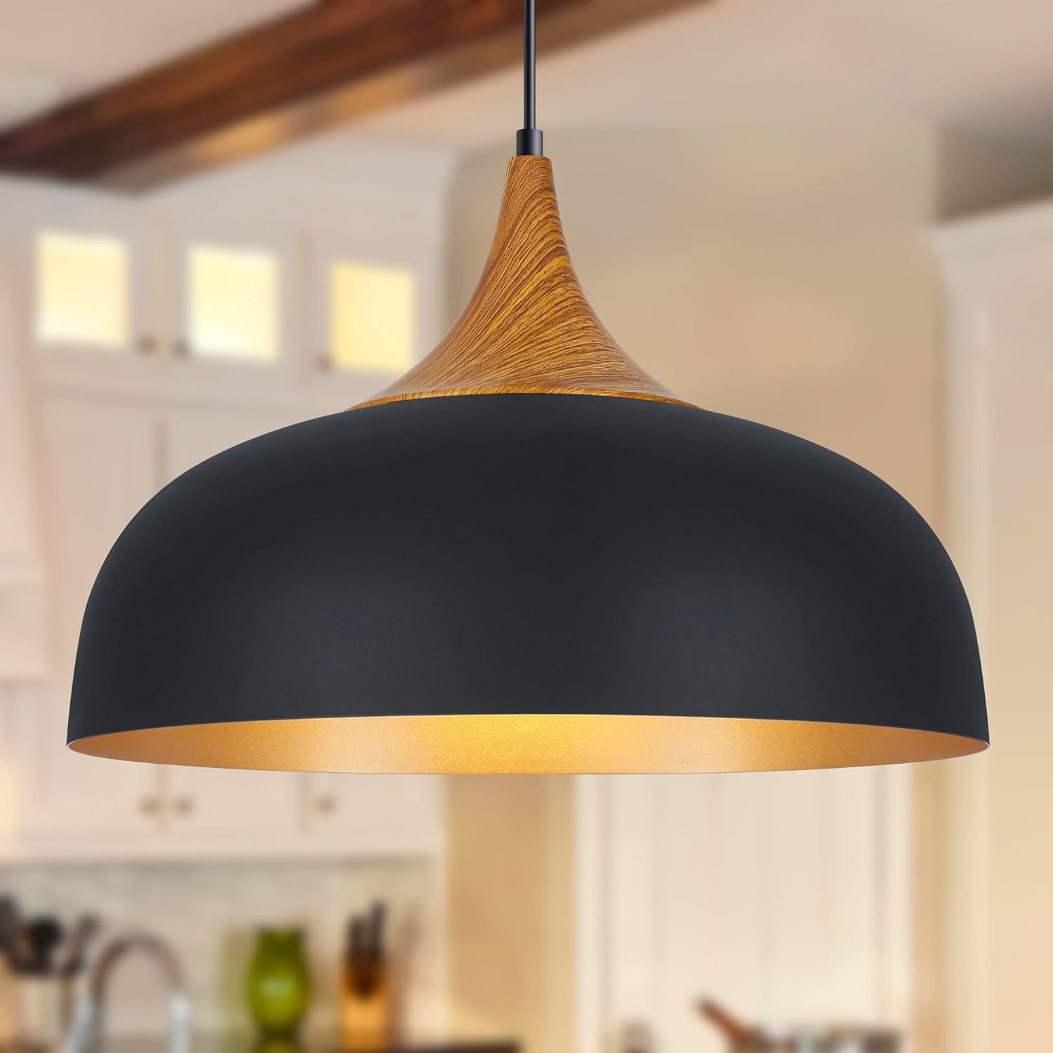 Black Farmhouse Dome Pendant Light 17.7" Large Vintage Pendant Light Fixtures Hanging Wooden Pendant Lighting for Kitchen Island Dining Room Living Room Foyer Hallway Black and Wooden 1 Pack 17.7"