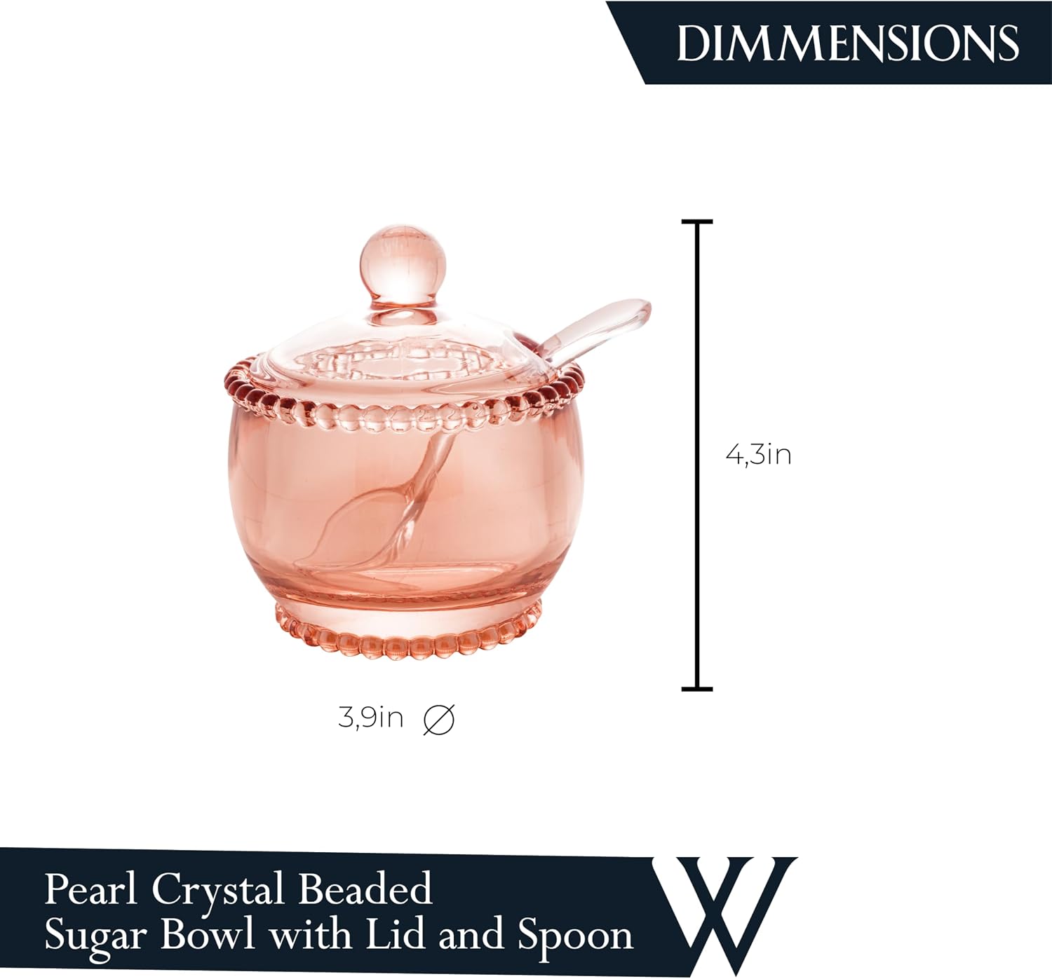 WOLFF - Pearl Crystal Beaded Sugar Bowl with Lid and Spoon - Sugar Holder, Dish for Candy Dispenser, Salt and Condiments Container, Jelly Jar (Pink, Sugar Bowl)
