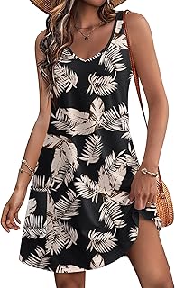 Women's Casual Sundress with Pockets Summer Beach Dress Floral T-Shirts Dress V Neck Loose Tank Dresses - Buy now