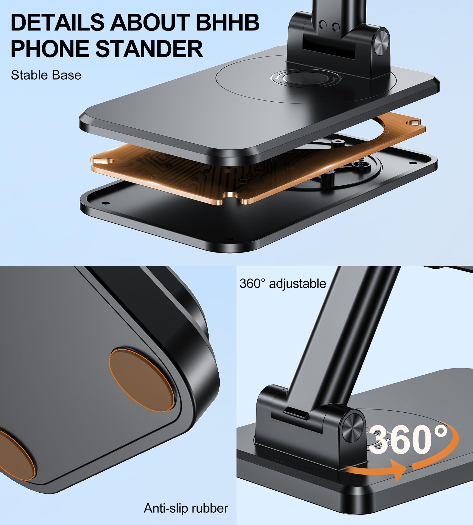 Stojak na telefon komórkowy pulpit BHHB 360° Uchwyt na Telefon Regulowany składany aluminiowy uchwyt na telefon na biurko Kompatybilny z iPhone Galaxy Huawei Redmi (Czarny)