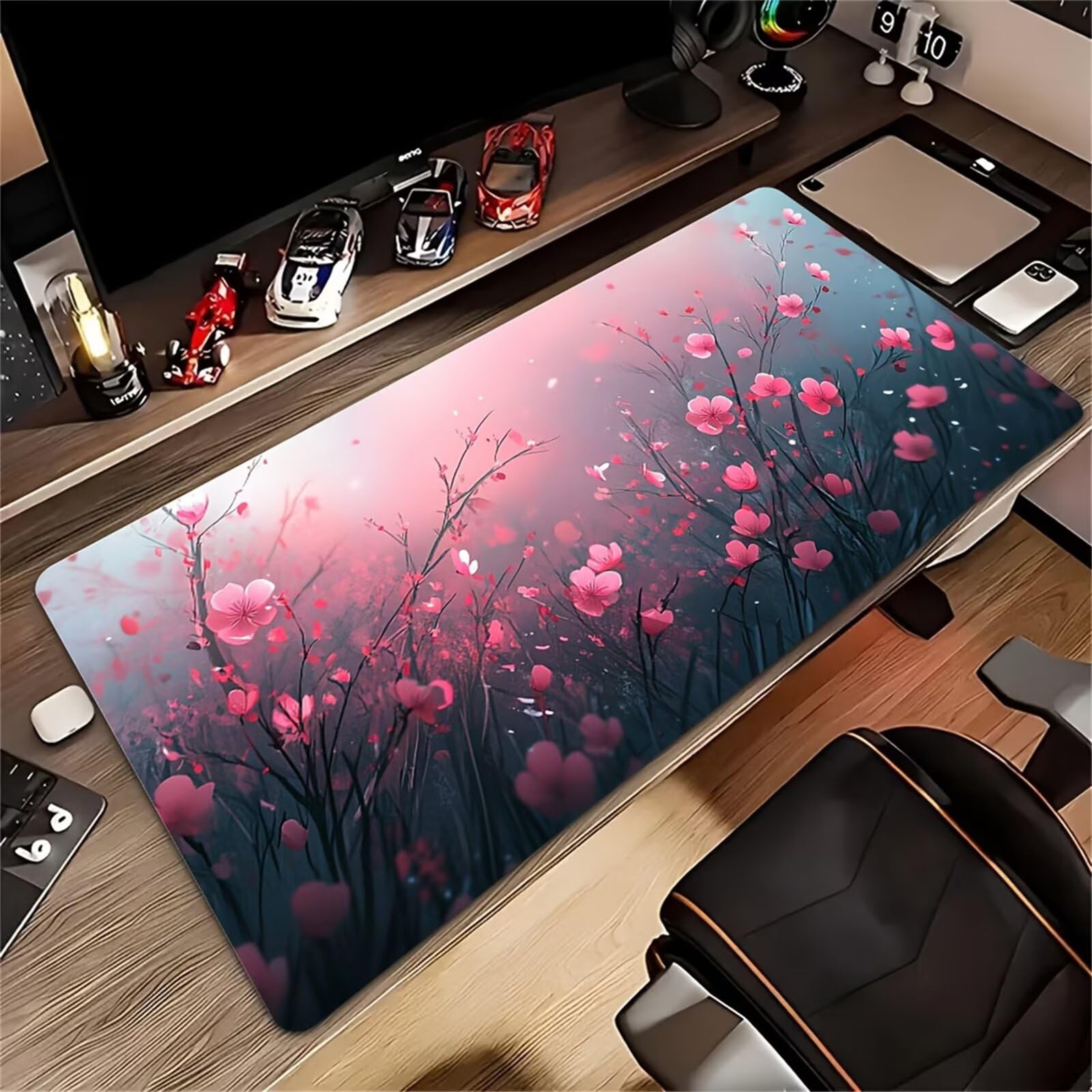 Grand Tapis de Souris de Jeu 1000x500x2 mm Mouse Pad Gaming Fleurs Roses Tapis de Bureau Antidérapant avec Bords Cousus pour Bureau, Études, Gamer