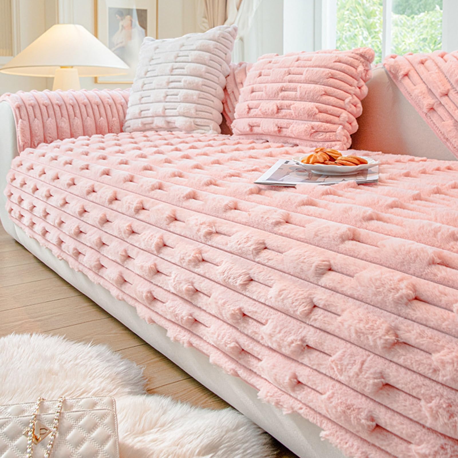 Housse de canapé sectionnelle rose poudré en chenille pour moments en famille
