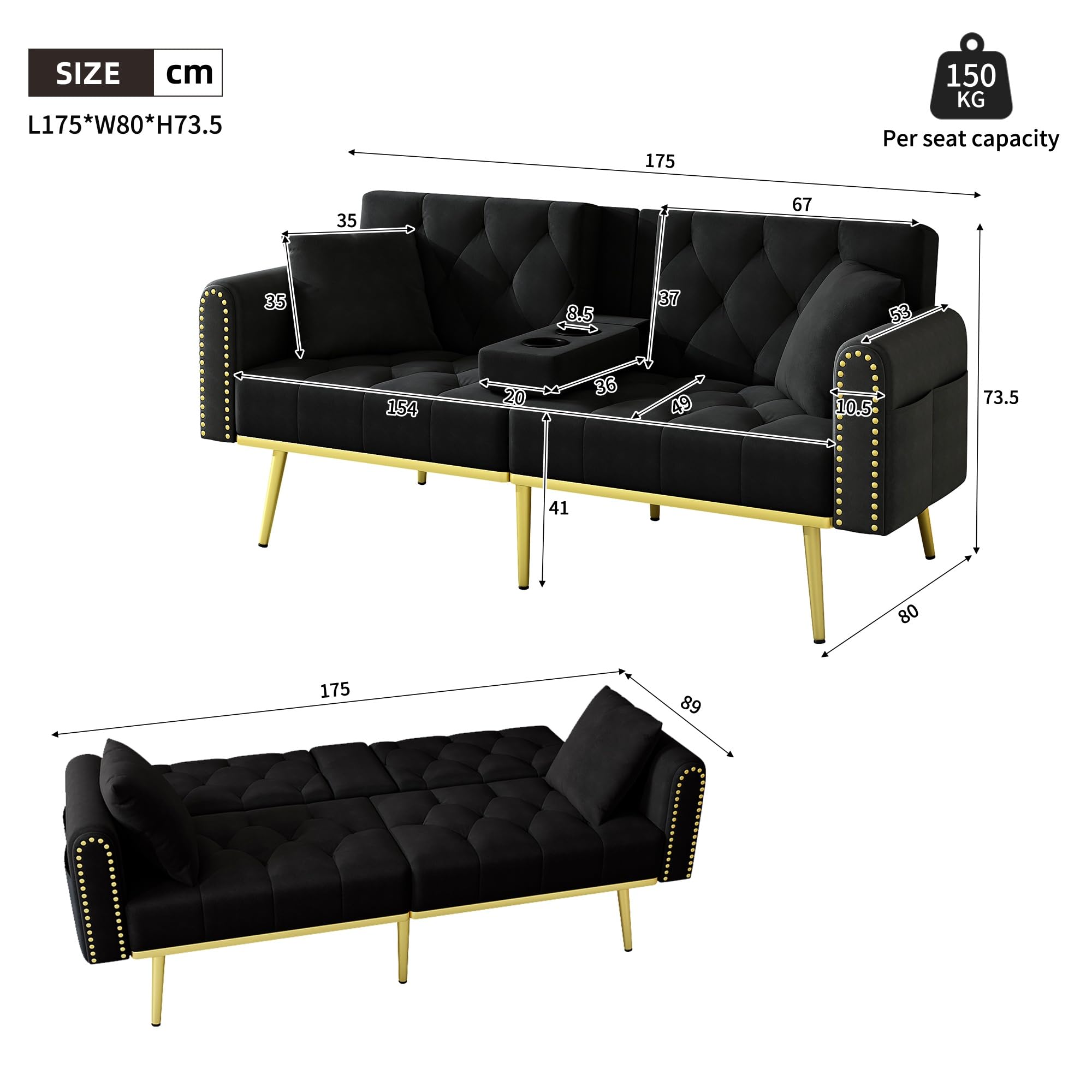 KOMHTOM Canapé Convertible avec Porte Gobelets et Poches Latérales, Canapé 2 Places 175x80 cm en Velours, Dossiers Réglables Séparément 3 Positions, 2 Coussins, Pieds Dorés, Salon (Noir)