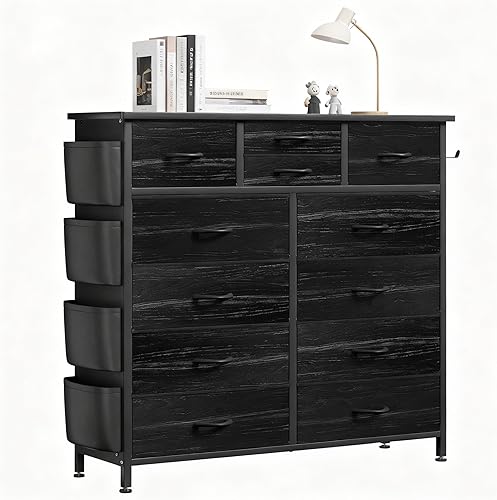 Miniatura 10 de Himusi Cómoda para dormitorio con 10 cajones torre de almacenamiento de tela con bolsillos laterales cómoda alta para guardería pasillo armarios gris