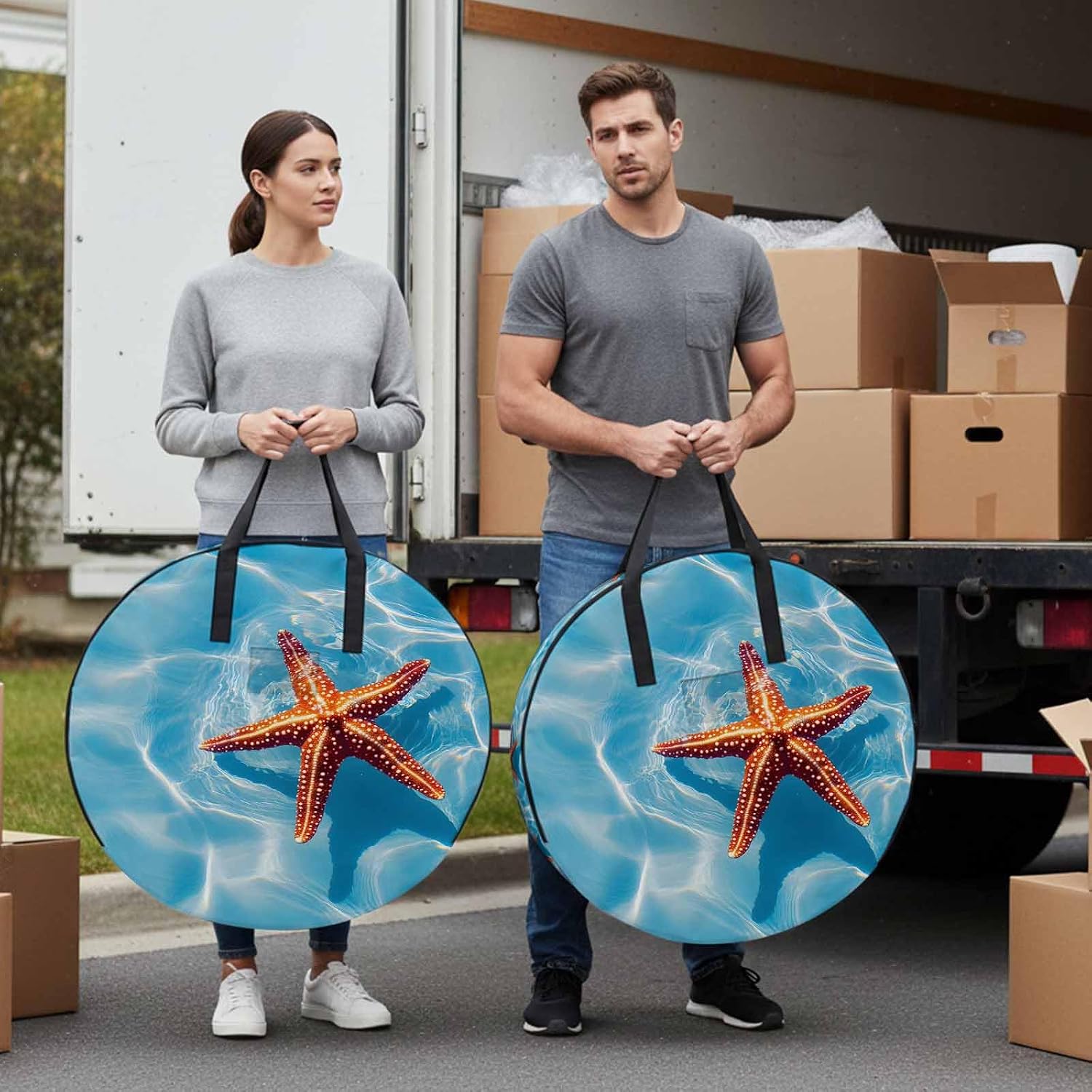 Ocean Starfish Round Storage Bag 36 Inch, Summer Water Modern Coastal Nautical Clothes Storage Container with Handles Heavy Duty Organizer for Comforter, Bedding & Holiday Wreaths