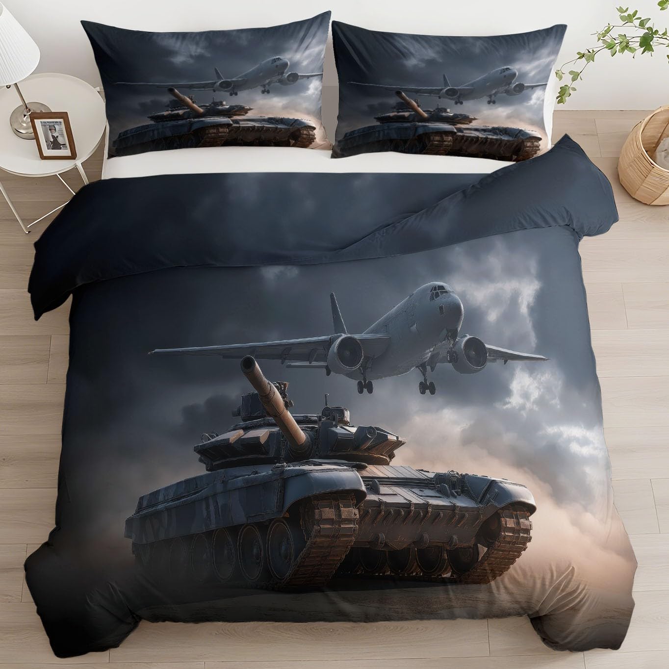 Komplet pościeli wojskowej, kamuflaż, pancerz, bojowy jet 240 x 220 cm, poszewka na kołdrę z miękkiej mikrofibry, ciemnoszara, 3-częściowy z lekko poruszającym się zamkiem błyskawicznym i 2