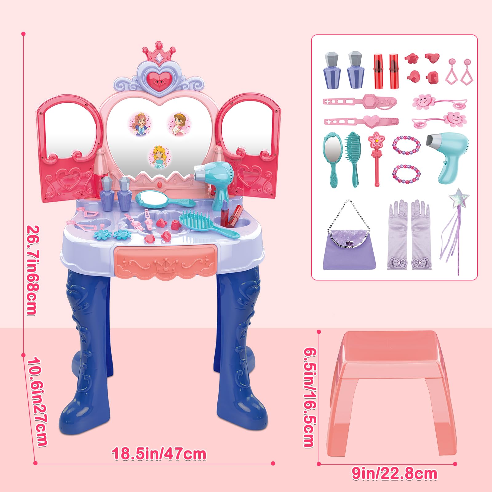 deAO Coiffeuse Enfant avec Miroir Tabouret et Accessoires, Coiffeuse pour Filles avec Lumière et Musique, Ouverture de la Porte par Induction, Kit de Maquillage pour Filles à Partir de 3 Ans - Bleu