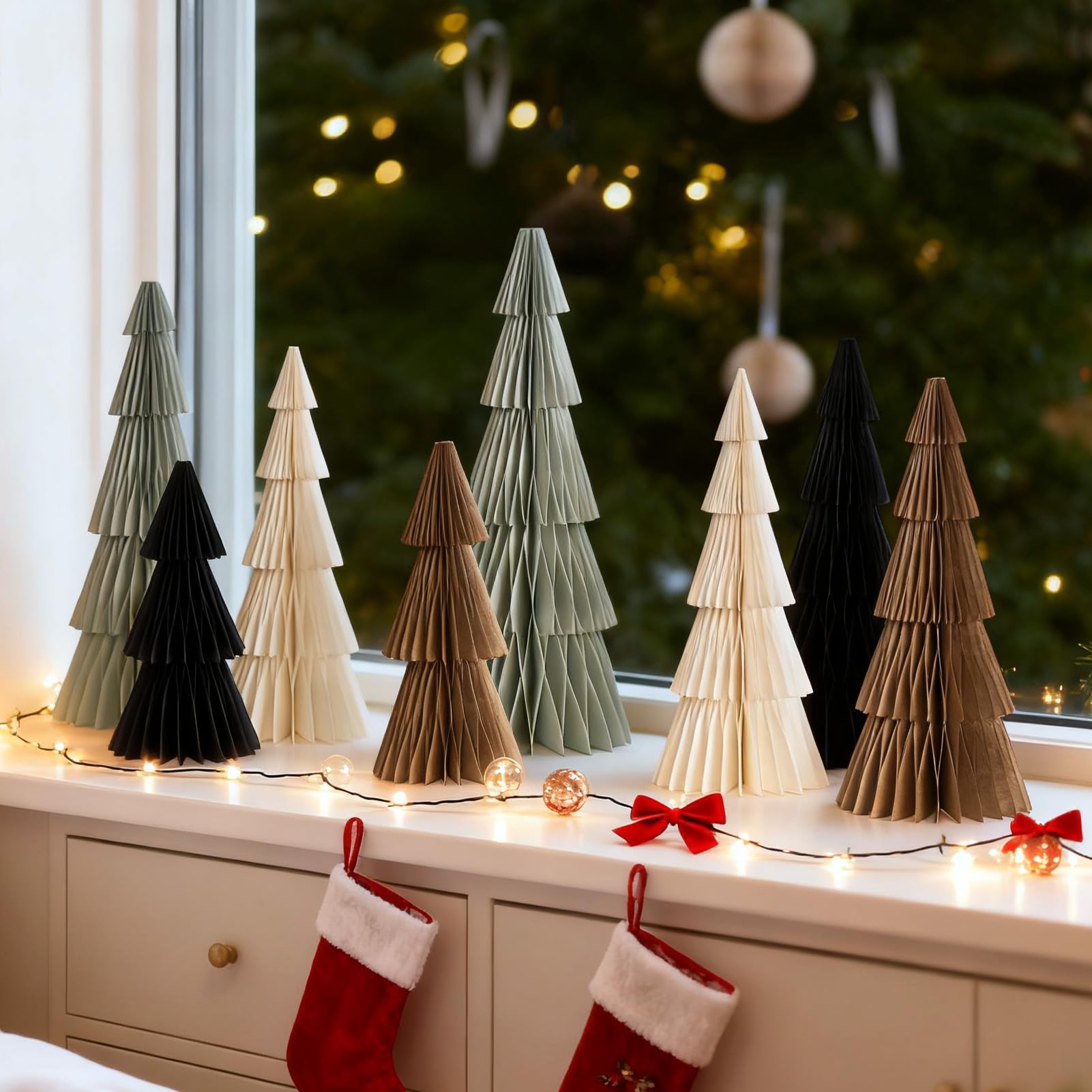 SUNBEAUTY Lot de 8 sapins de Noël en papier nid d'abeille - Décoration d'arbre en papier 3D - Design magnétique - Pour table à manger, armoire, rebord de fenêtre, cheminée, décoration de Noël