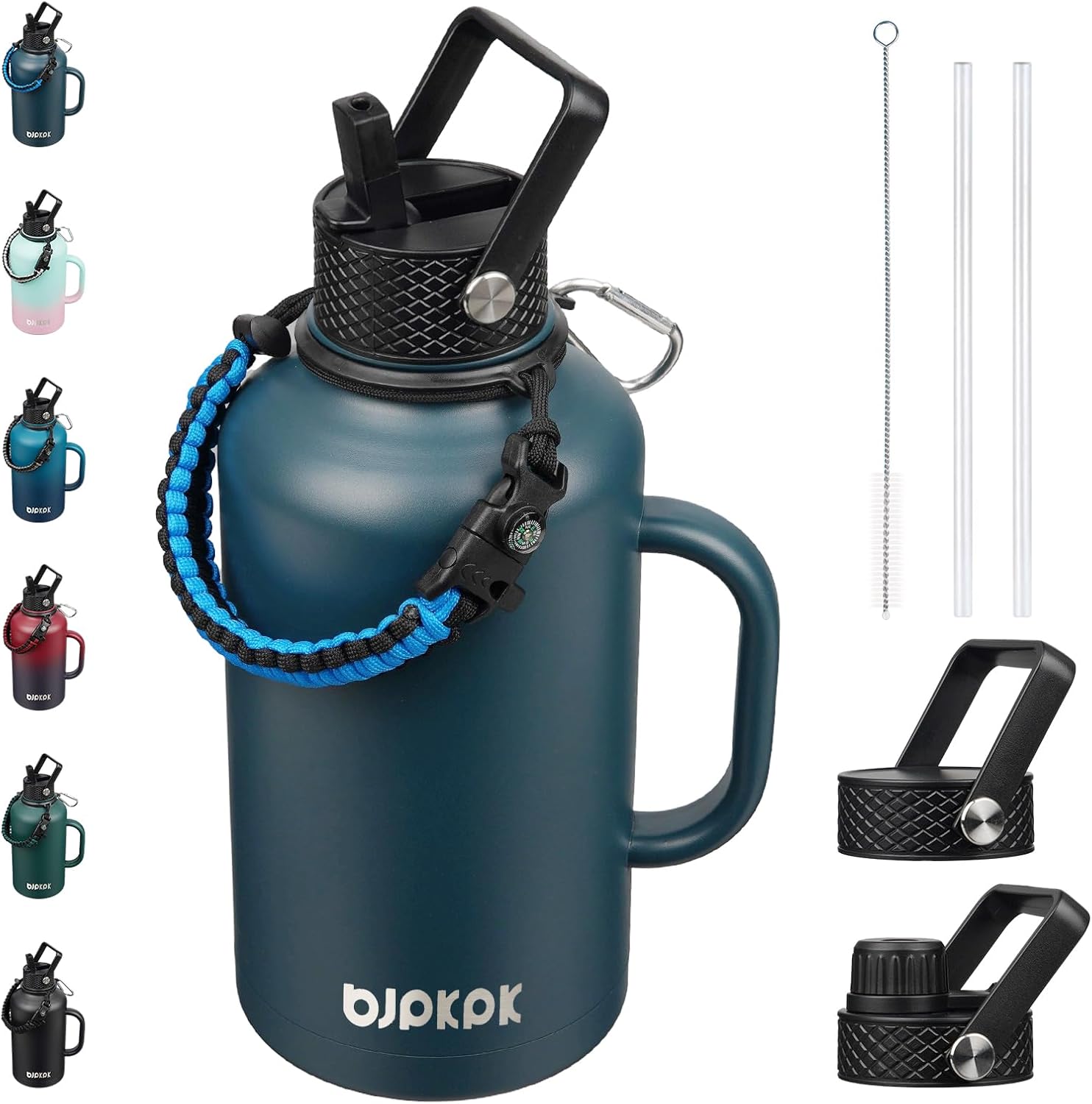BJPKPK Half Gallon Insulated Water Bottles with Straw Lid & Side Handle, 64oz Large, Stainless Steel Water Bottles with 3 Lids and Paracord Strap, Metal Water Jug,Navy Blue