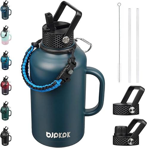 Miniatura 19 de BJPKPK Botella de agua de 1 galón aislada con tapa con pajita, 50oz, 64oz, 87oz, 128oz grande, botellas de agua de acero inoxidable con 3 tapas y