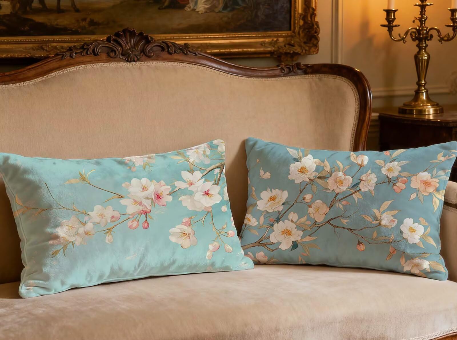 Coussin bleu velours 40x80 cm : transformez l'ambiance de votre canapé avec le motif fleur O-676B