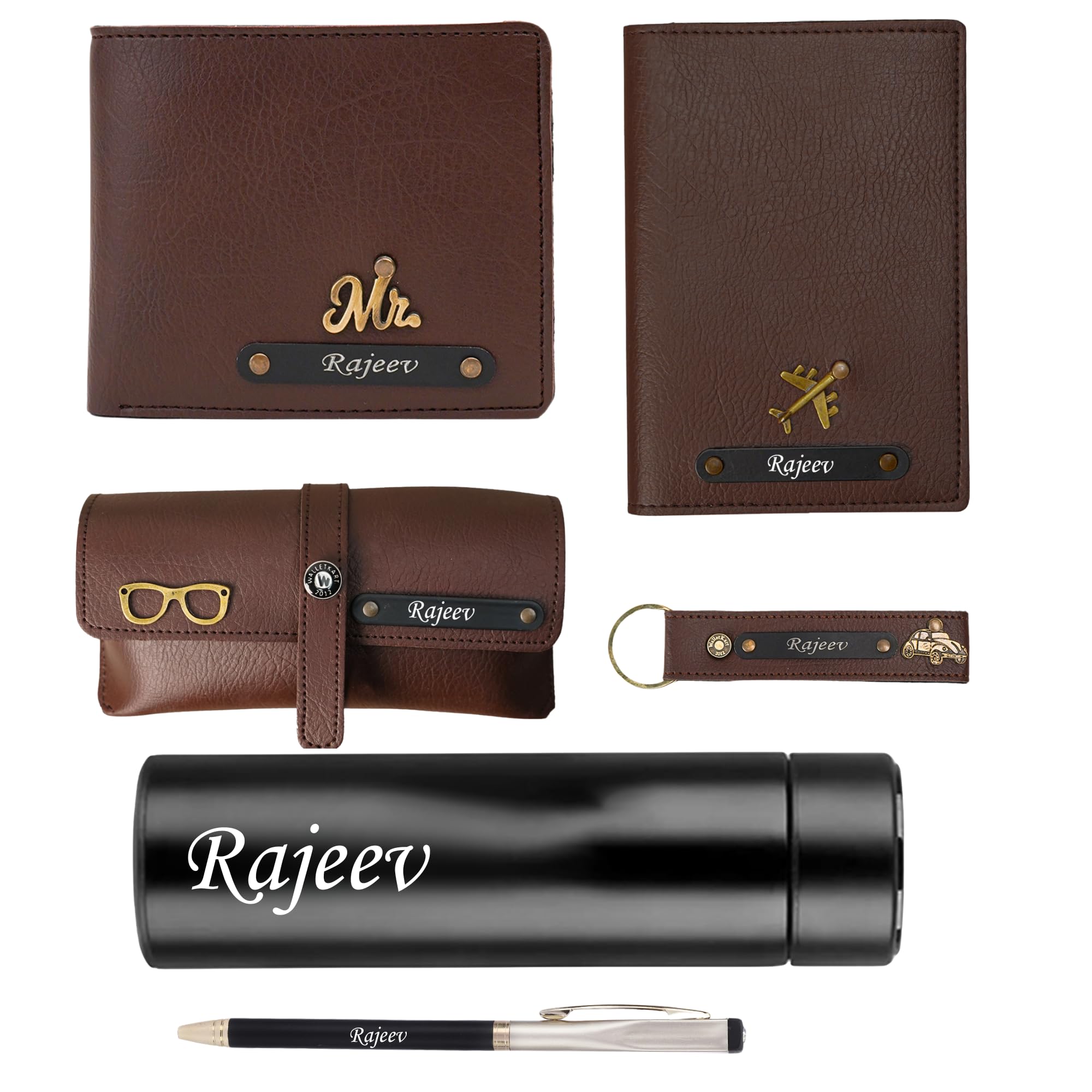 Personalized Leather Name Men's Wallet Pen Keychain Passport Cover and Eyewear case with Temperature Bottle | Customized Gift Combo for Boyfriend Friend Husband Father & Son (Dark Brown)-image-18