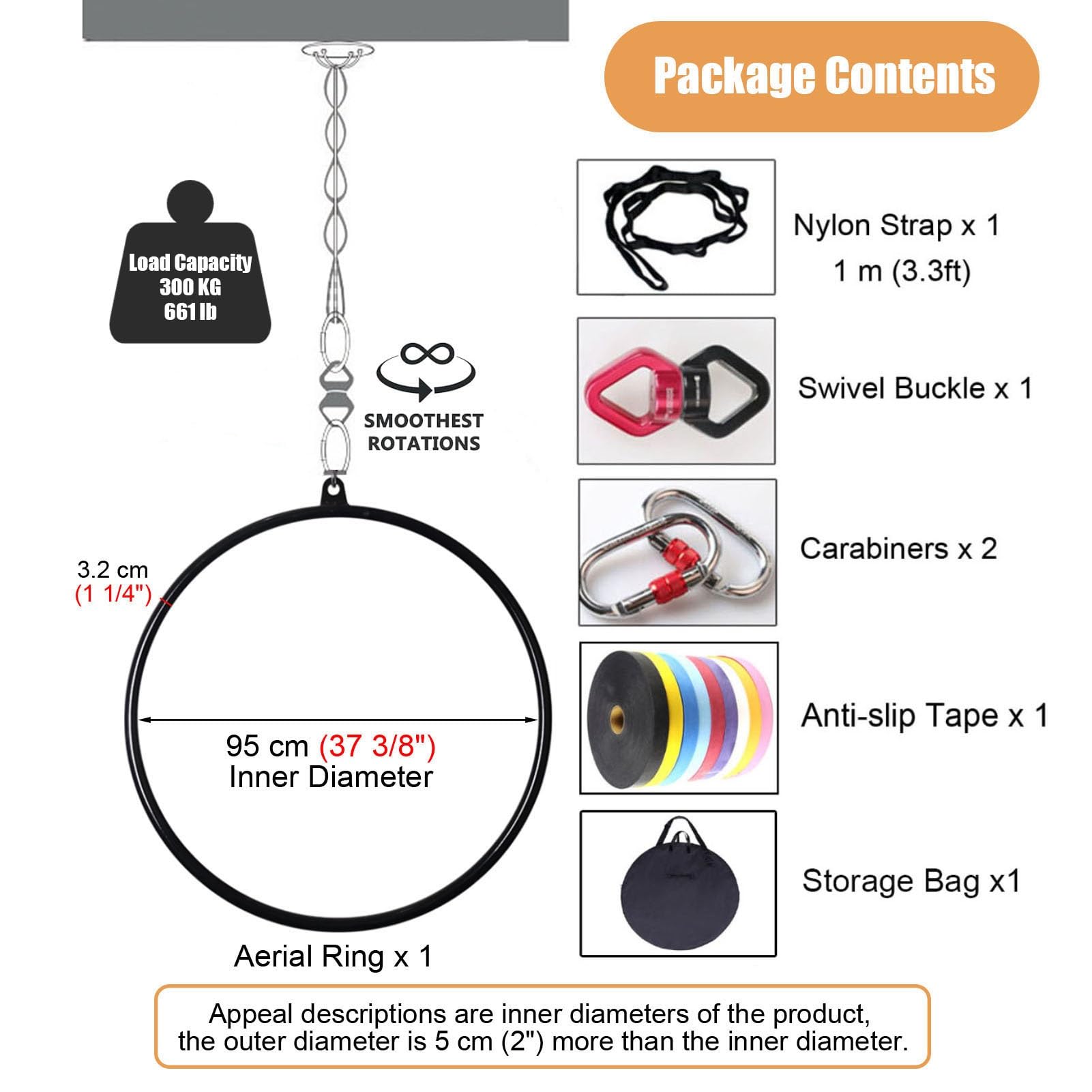 Kunovo Lyra Aerial Hoop Set with Carry Bag ? Anti-Slip Tape, Black Acrobatics Performance Aerial Ring, Single Point Lyra Hoop for Gym/Performing Place (Size : 95 cm (37
