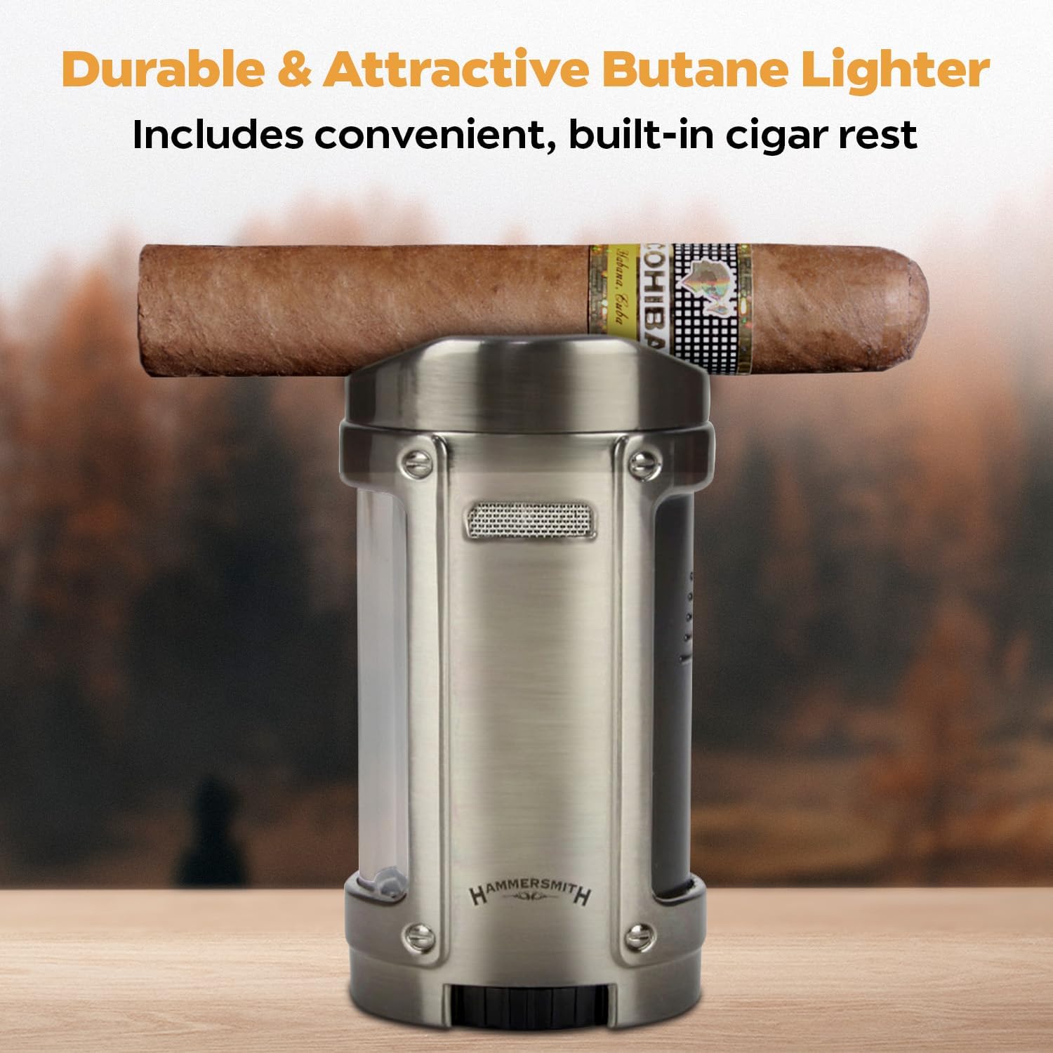 Hammersmith The Tank Quad-Flame Butane Torch Lighter for Cigars and Cigarettes, Refillable Lighters, Mini Torch with High-Capacity, See-Through Fuel Tank (Without Fuel), Flame Adjuster, and Cigar Rest