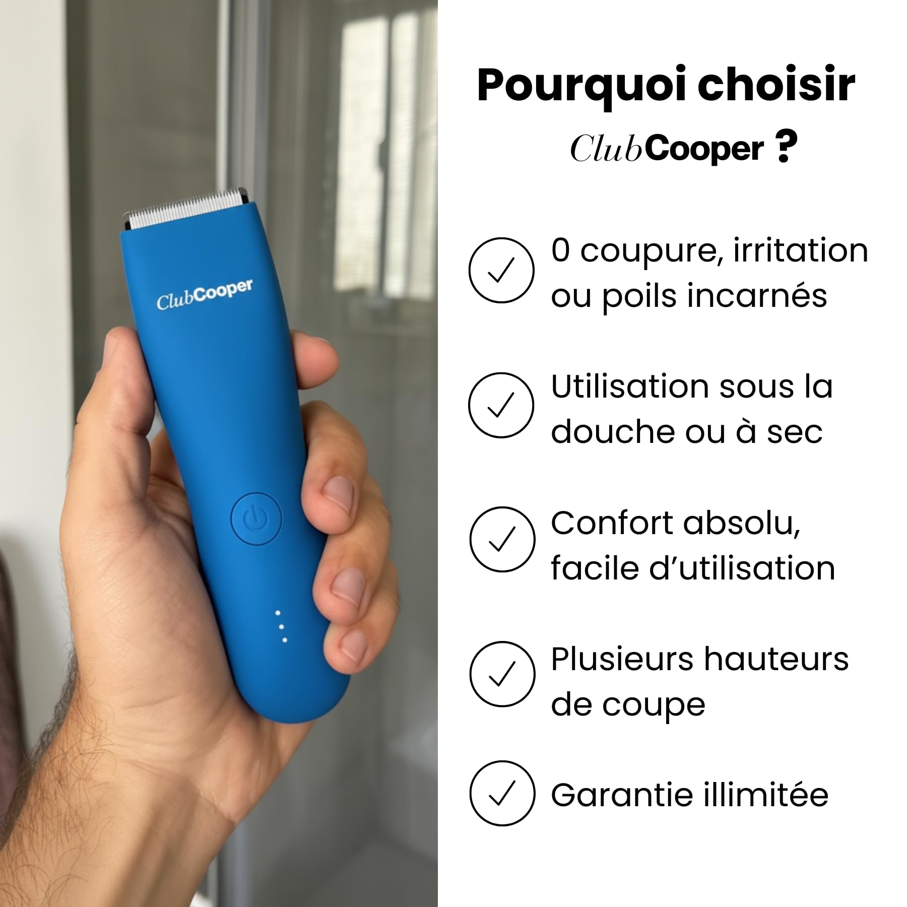 Tondeuse Intime Homme ClubCooper – Tondeuse Corps Homme Parties Intimes – Rasoir Électrique Anti-Coupures Zones Sensibles – Lame Céramique Waterproof – Pubis Testicules – 0/3/6/9/12mm USB (Bleu)