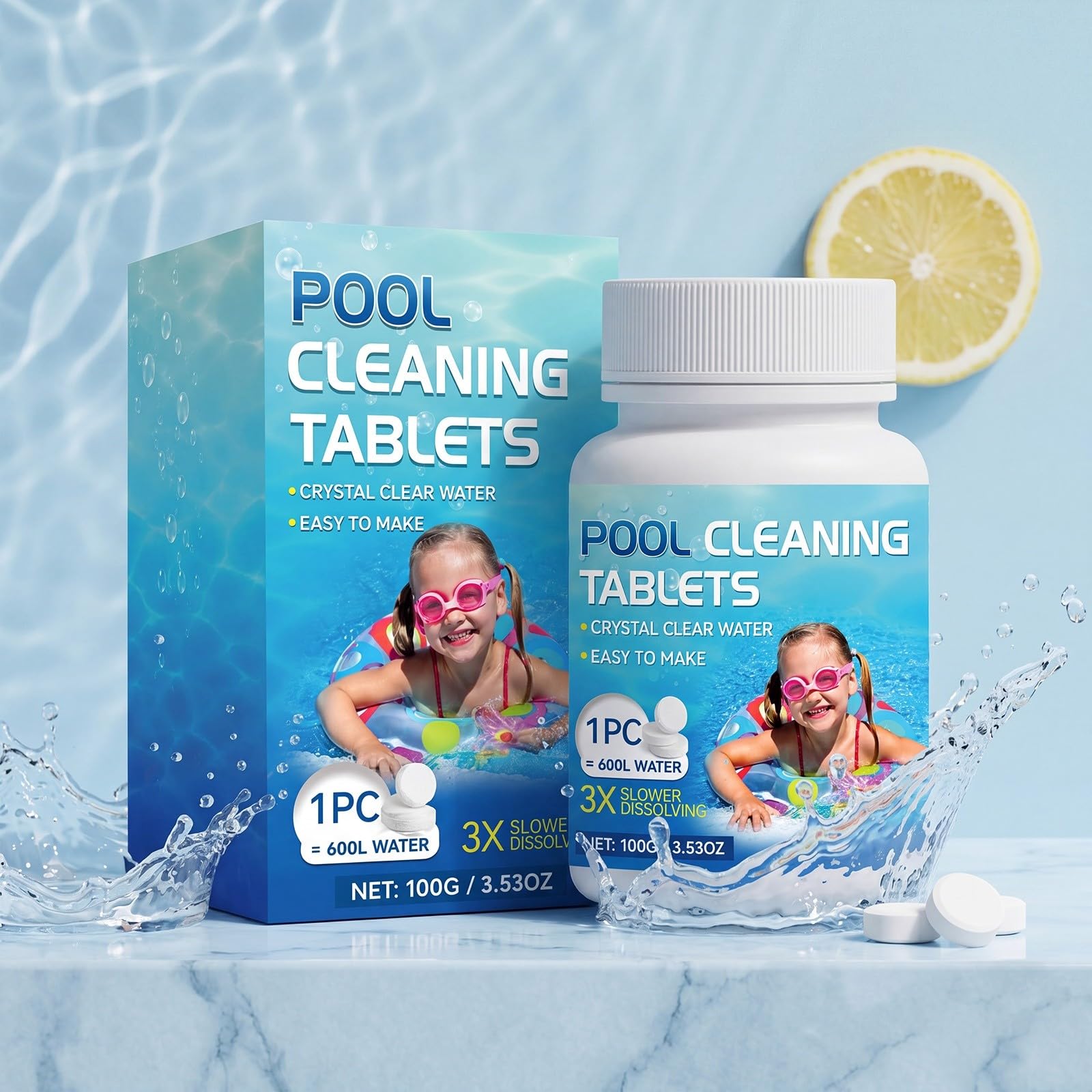 Pool Chlorine Tablets, 100 Pack Water Cleaning Tablets for Hot Tub and Spa, Fast Acting Hot Tub Chlorine Tablets for Crystal Clear Water, Water Quality Balancer for Swimming Pool (100g-B, A)