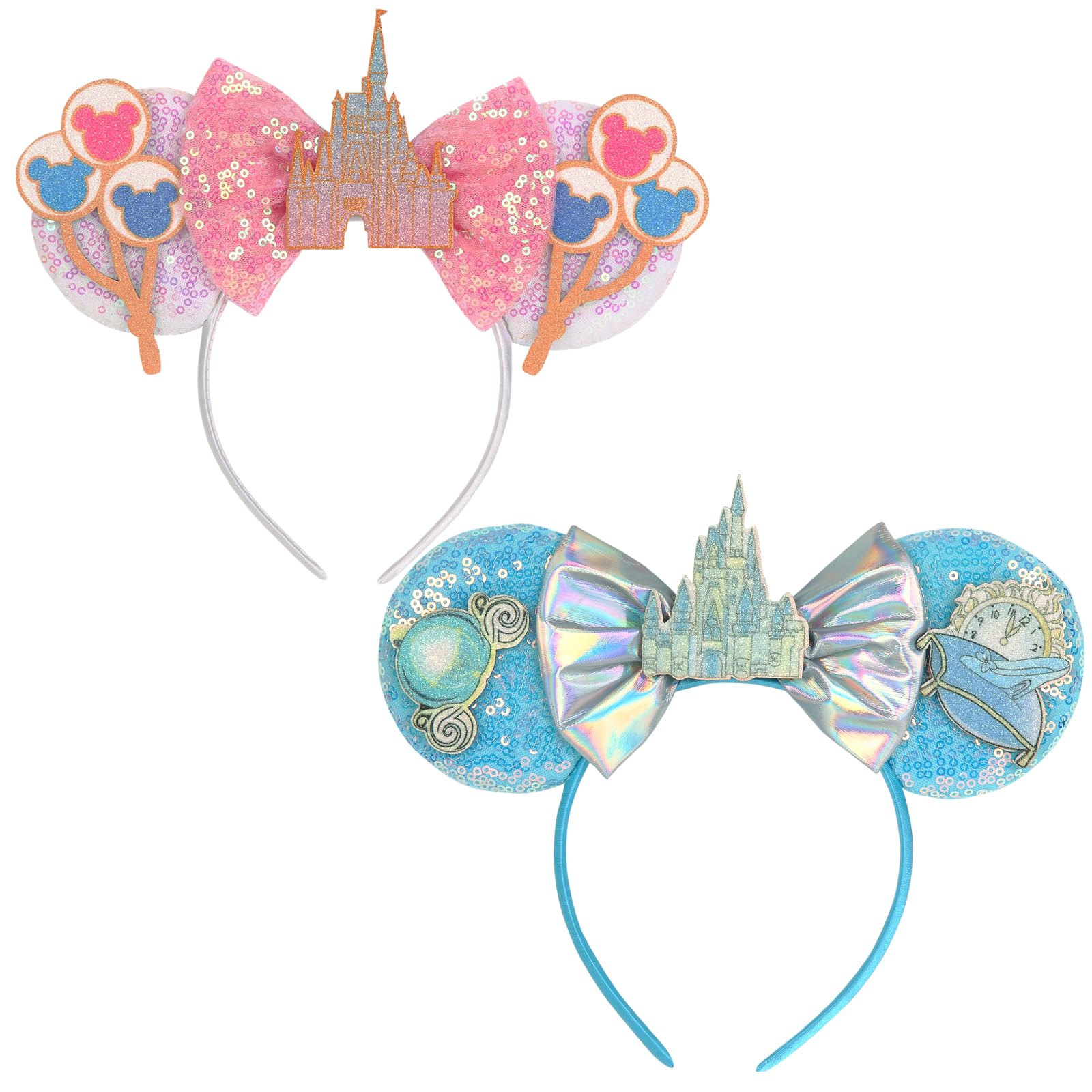 2 Pcs Mouse Ears Headbands - Sequin Bow Mouse Ears Suitable for Daily Wear, Amusement Park Trips, Variety Holiday Parties, Role Play and Accessories (Pink and Blue)