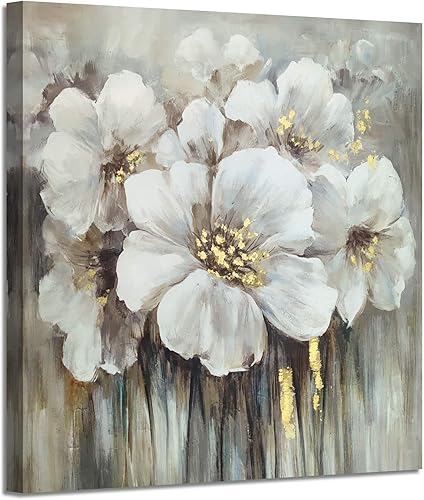 ARTISTIC PATH Lienzo decorativo para pared con flores grandes, pintura floral abstracta, blanco, floral, impresiones artísticas para sala de estar,