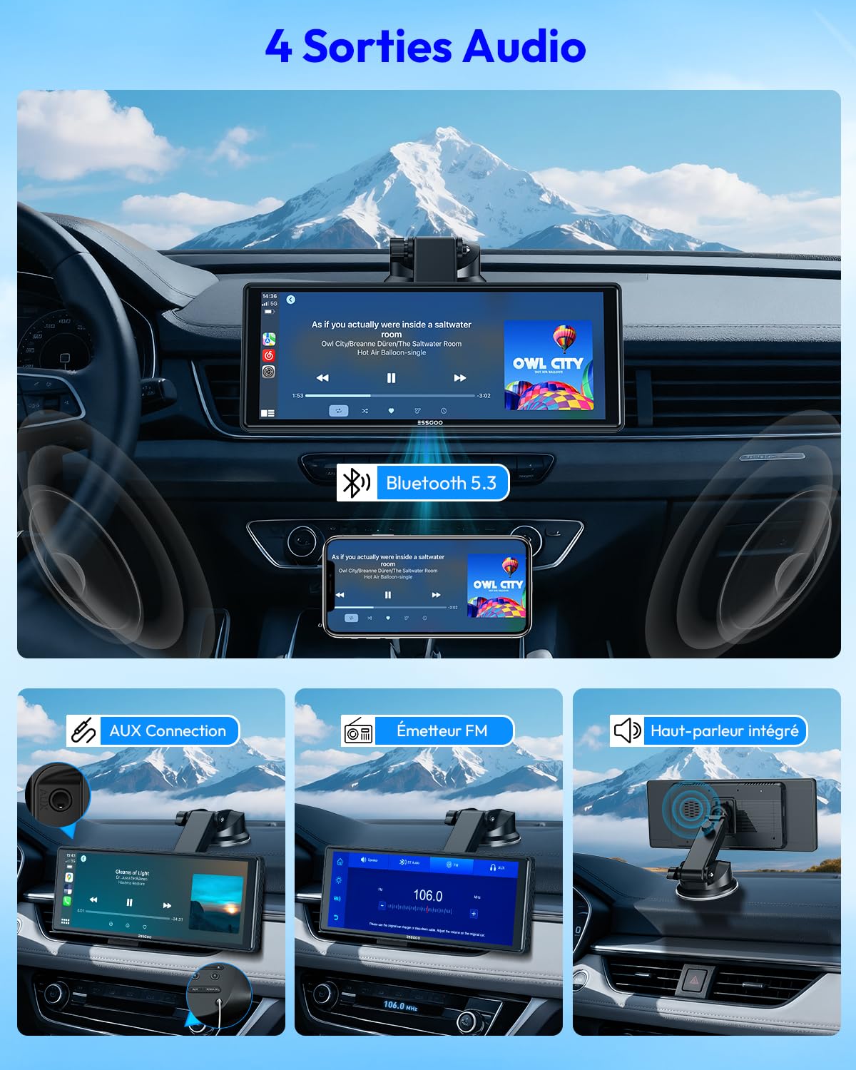 ESSGOO Écran Carplay Voiture, Supporte A-pple Carplay sans Fil et Android Auto, Écran Tactile IPS de 10.26 Pouces avec Capteur de Lumière, Prend en Charge Mirror Link, Assistants G-oogle et Siri