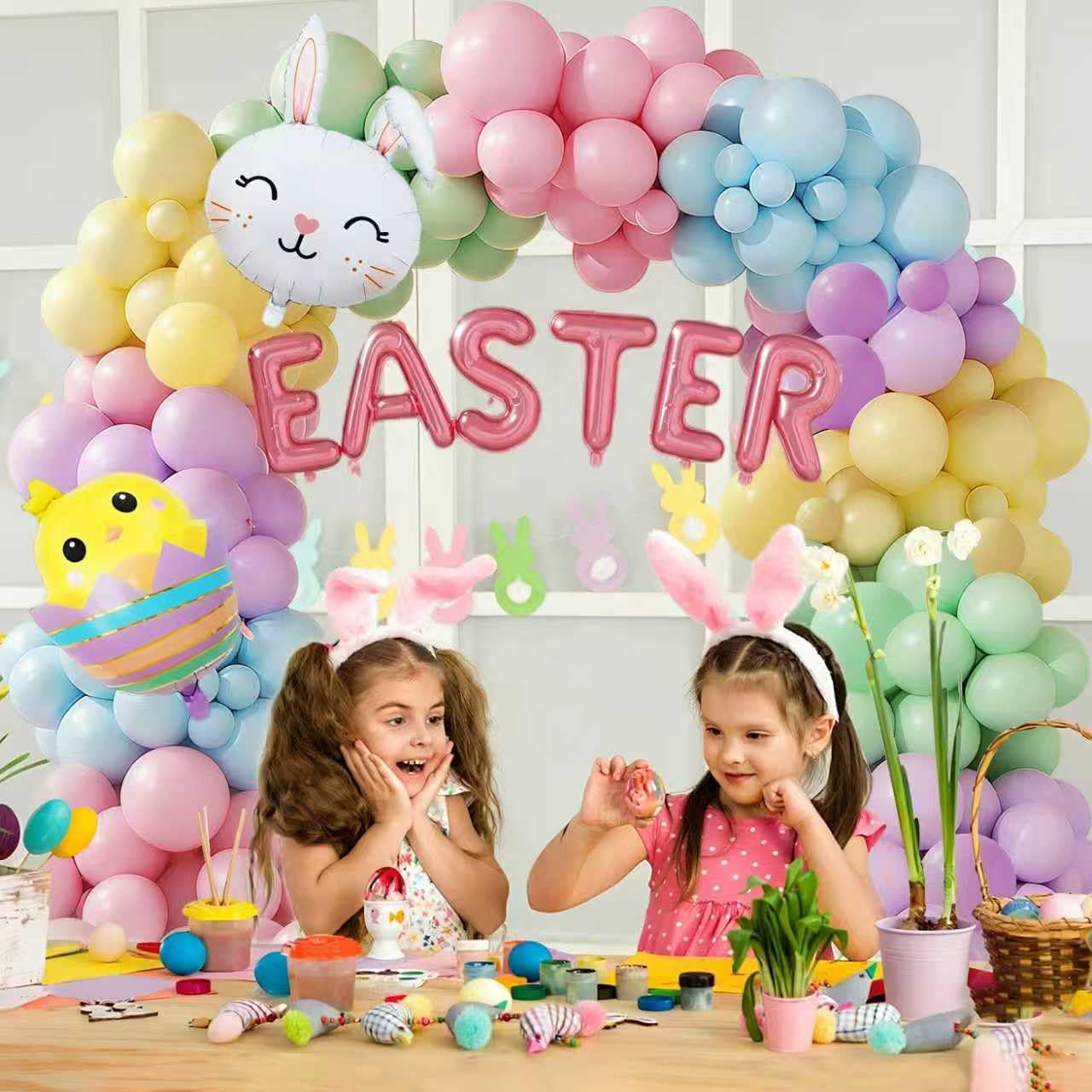 Easter Balloon Garland Arch Kit 134pcs Pastel Rainbow balloons with Foil Eater Egg & Bunny Balloons for Happy Spring Easter Birthday Baby Shower Wedding Gender Reveal Decor