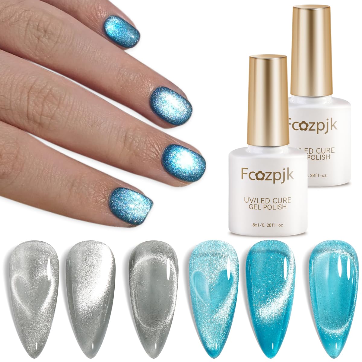 Cat Eye Gel Nail Polish, 2PCS Crystal Silver Magnetic Nail Polish Lake Blue Cats Eye Gel Nail Polish Translucent Jelly Nail Gel Manicure Salon Supplies